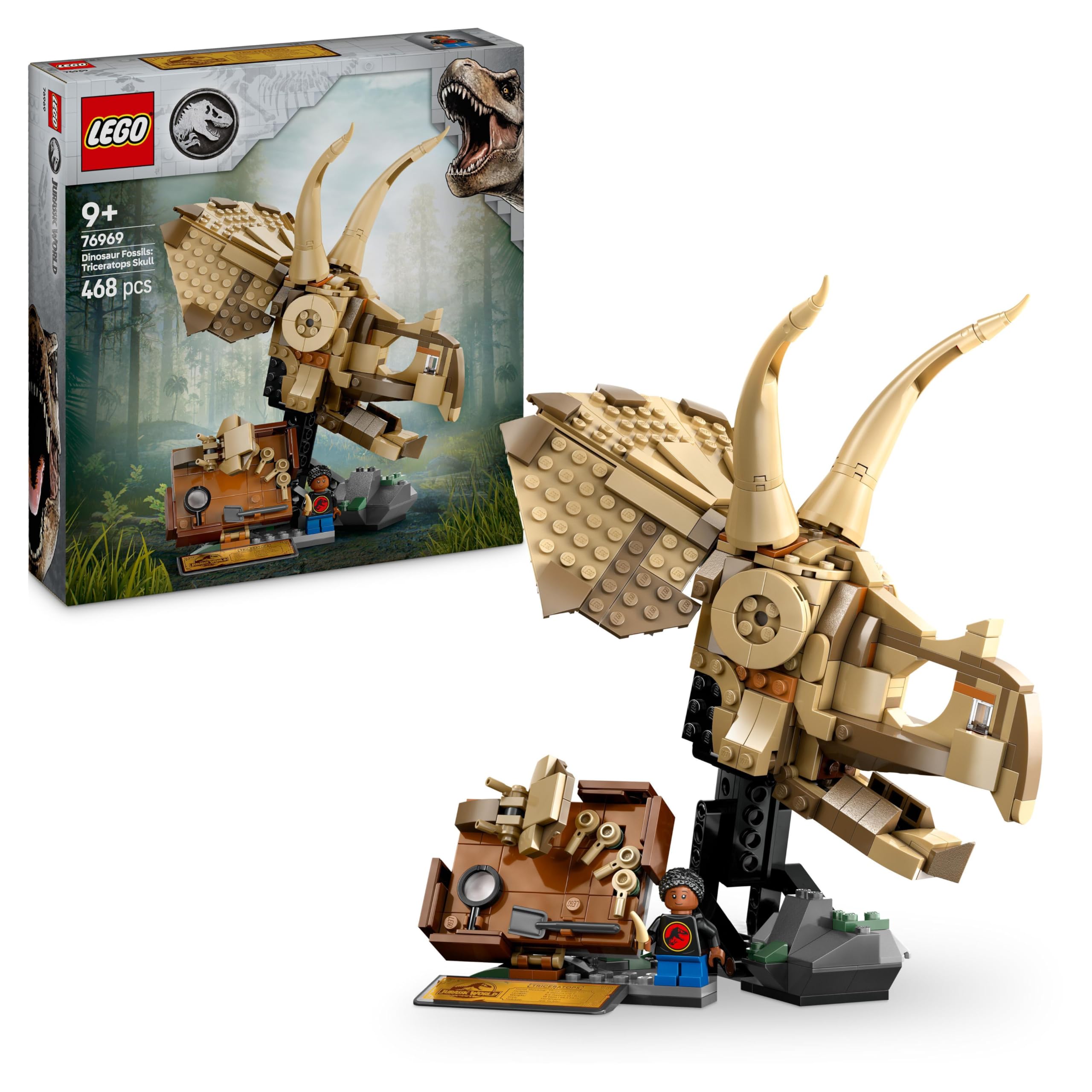 LEGO Jurassic World Fossili di Dinosauro: Teschio di Triceratopo, Giocattolo da Costruire con Mascella Apribile, Supporto, Minifigure, Targa Informativa e Ambra, Giochi per Bambini da 9 Anni 76969