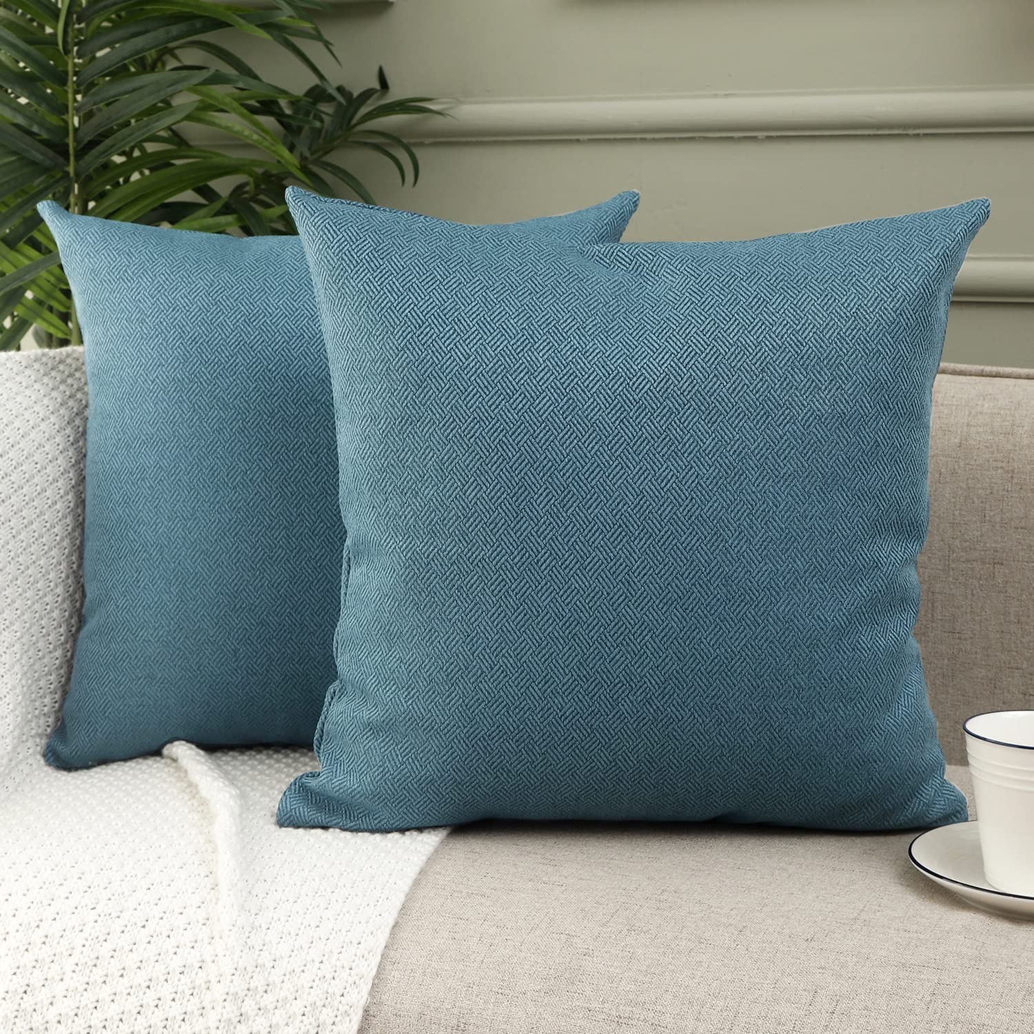 Jepeak Woven Textured Throw Pillow Covers Cases, Pack of 2 Decorative Farmhouse Faux Linen Cushion Covers for Sofa Bed Couch, Denim Blue 20x20 Inch