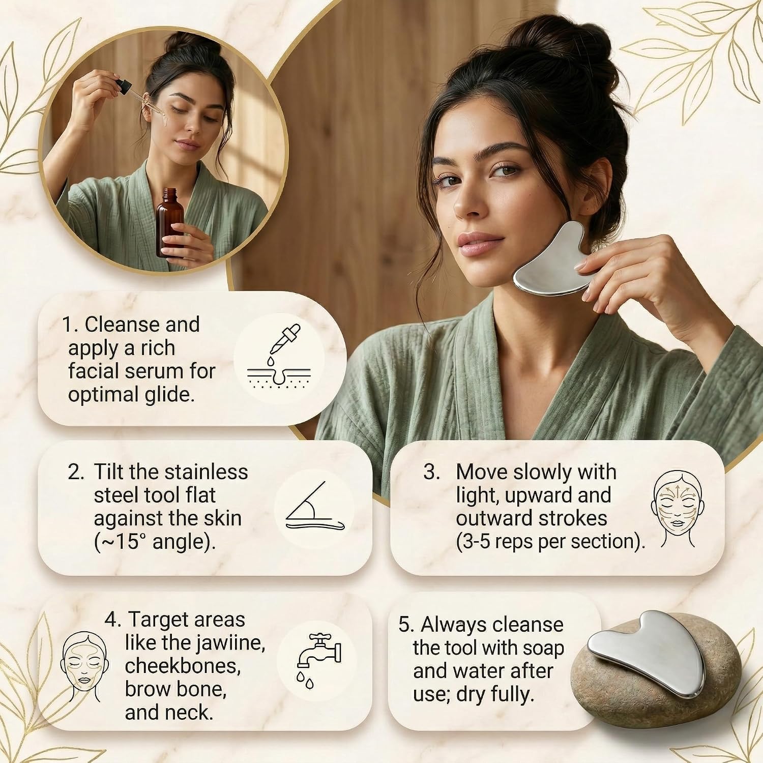 Stainless Steel Gua Sha Tool for Facial Sculpting, Heart Shaped Massager with Leather Sleeve, Skincare Scraping Board for Face Neck Body Massage, Jawline Shaper Muscle Tension Relief