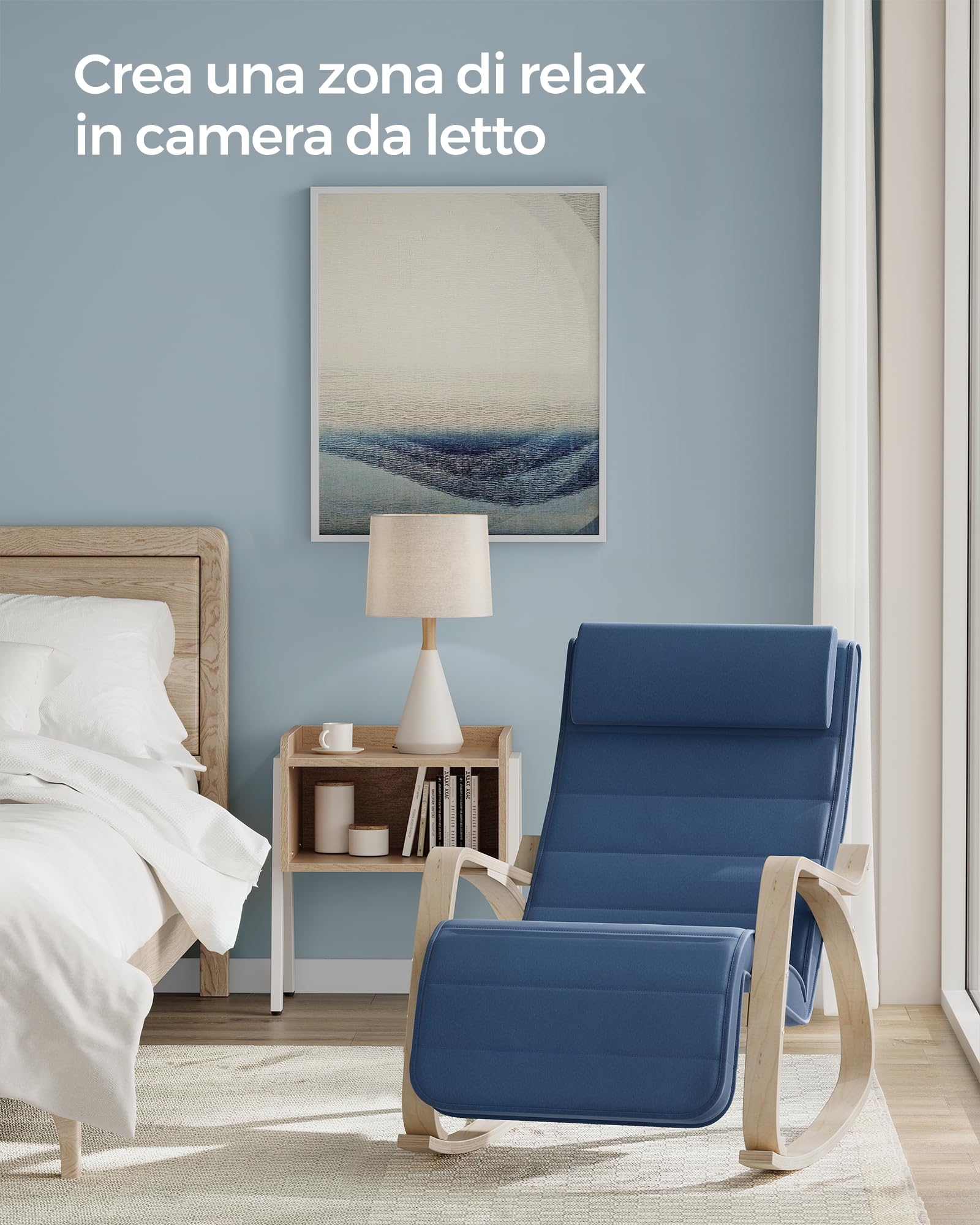 SONGMICS Sedia a Dondolo, Poltrona a Dondolo con Braccioli in Betulla, Poggiapiedi Regolabile a 5 Altezze, Portata 150 kg, per Soggiorno Camera da Letto, Blu Notte e Naturale LYY010Q01