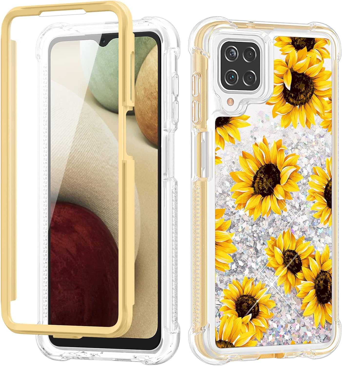 Caka Samsung Galaxy A12 Case, Galaxy A12 Case with Screen Protector Full Body Case for Women Girls Glitter Bling Protective Phone Case for Samsung Galaxy A12 -Sunflower