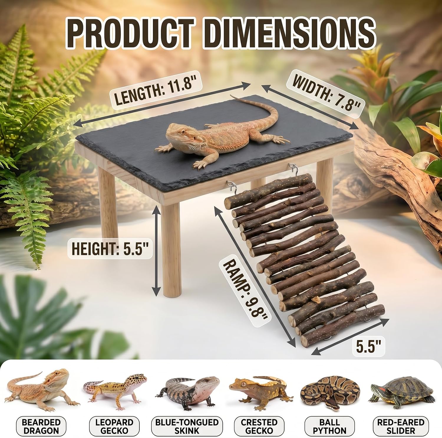 Bearded Dragon Basking Platform, Natural Slate Reptile Basking Rock with Wooden Climbing Ramp, Terrarium Habitat Decor for Lizard, Leopard Gecko, Tortoise, Snake