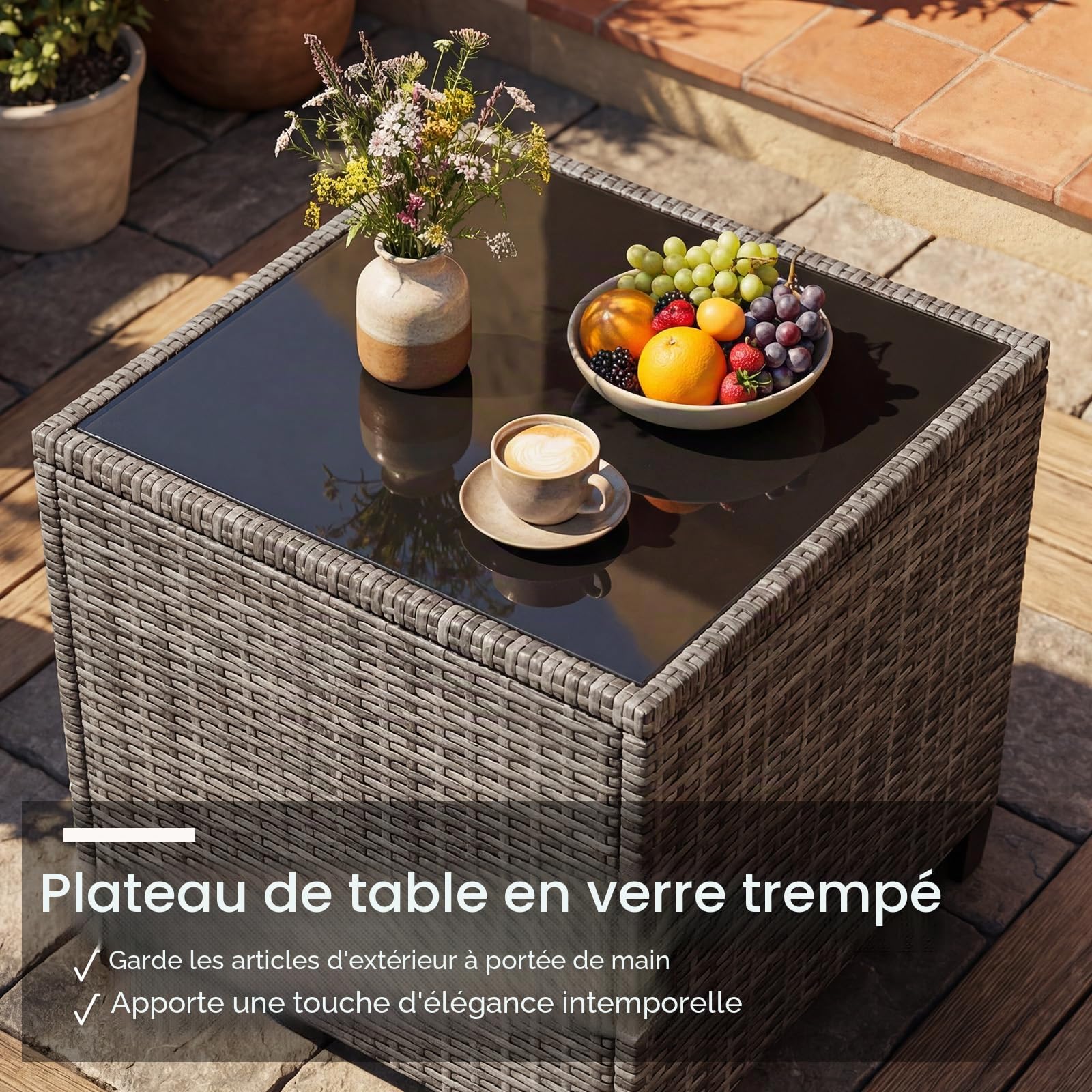 GIANTEX Salon de Jardin Extérieur 3 Pièces, Mobilier Jardin en Rotin avec 2 Fauteuils et Table Basse, Plateau en Verre Trempé, Coussins Amovibles, pour Balcon, Terrasse, Jardin, Gris