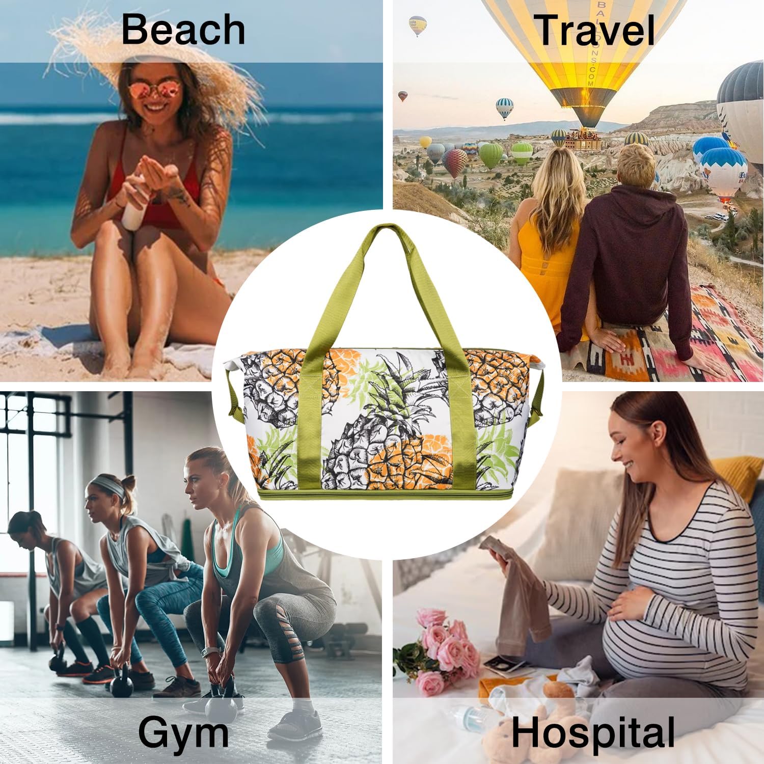 Expandable Travel Duffel Bags for Women Large - Gym Bag Waterproof Pineapple Weekender Beach Tote Carry on Bag with Luggage Sleeve for Spirit Airlines Personal Item Bags Overnight Mom Hospital Duffels