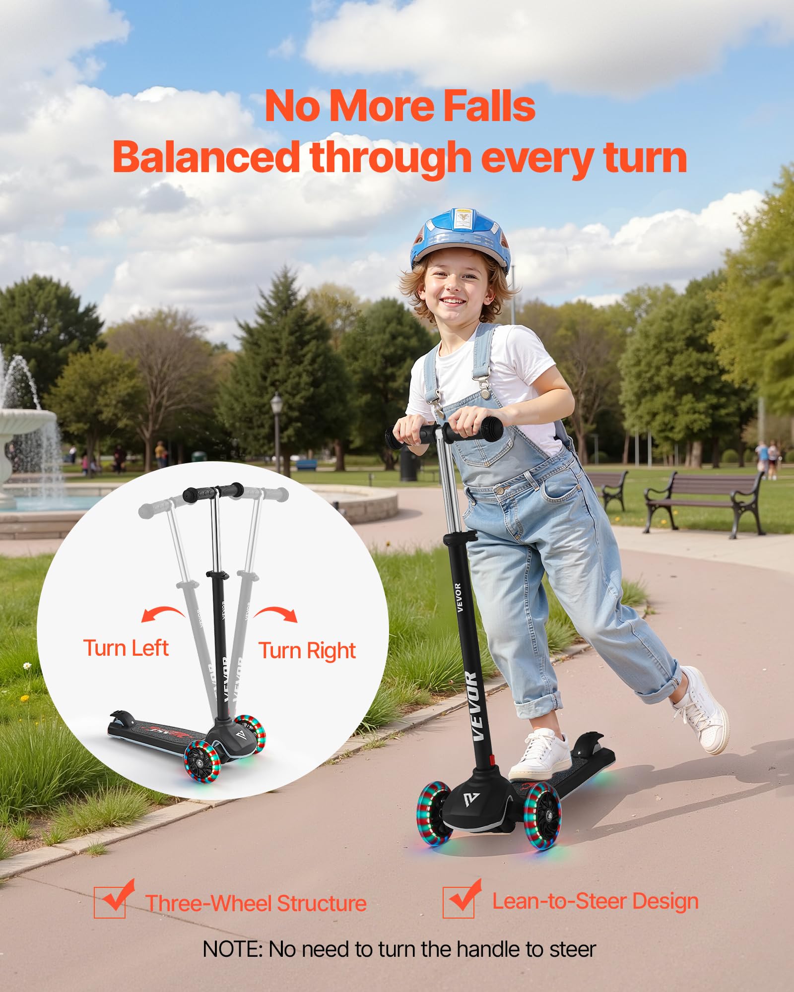 VEVOR Monopattino con 3 Ruote per Bambini da 3 Anni, Monopattino Carico max. 75kg 3 Altezze 710/755/800 mm, Ruote Luminose φ120 mm, Manubrio Altezza Regolabile, Pedana Antiscivolo, Nero