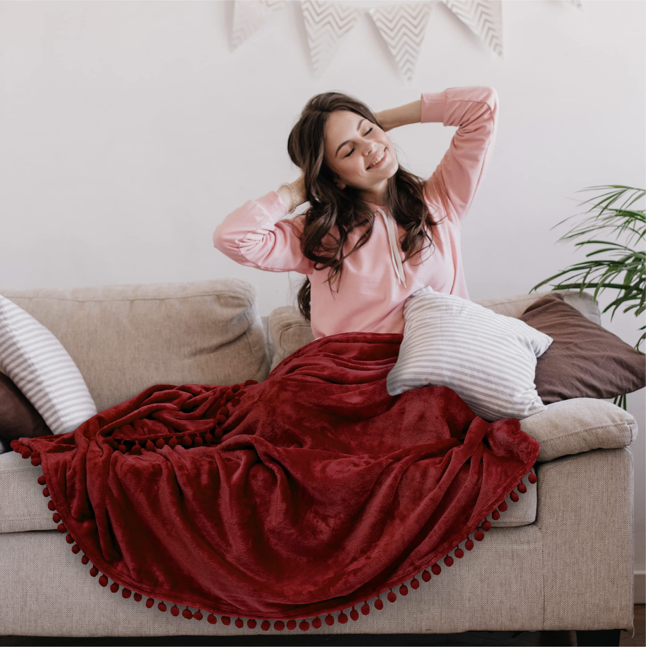 Pavilia Maroon Red Throw Blanket Pom Pom For Couch Bed
