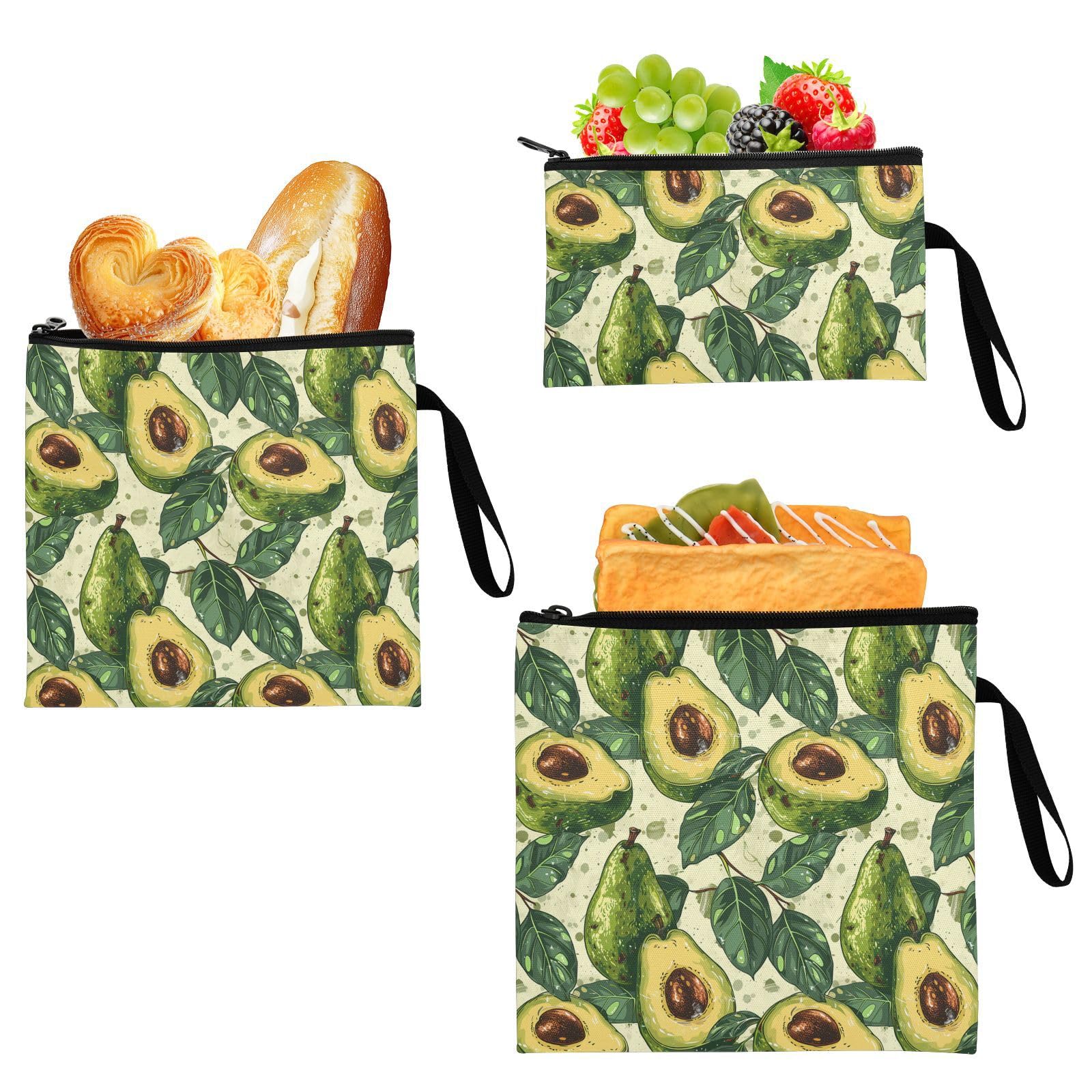Yoogain Avocados Design Green Summer 3 pack Reusable Snack Bags and Sandwich Bags Multi-Use Emergency Snacks Makeup Bag for Kids Students Adults Food