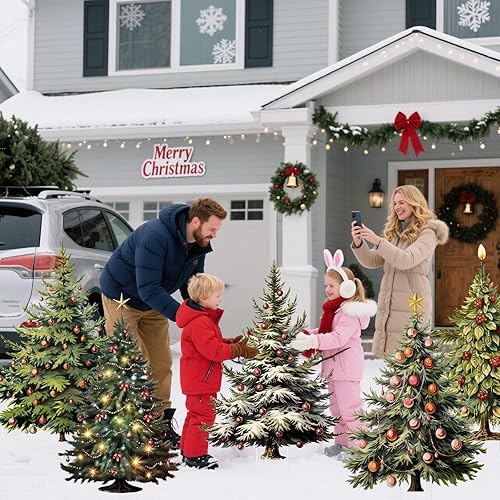 Miniatura 7 de 18 piezas de decoración de árbol de Navidad al aire libre, letreros de patio de árbol de Navidad con estacas, letreros de césped retro de Navidad