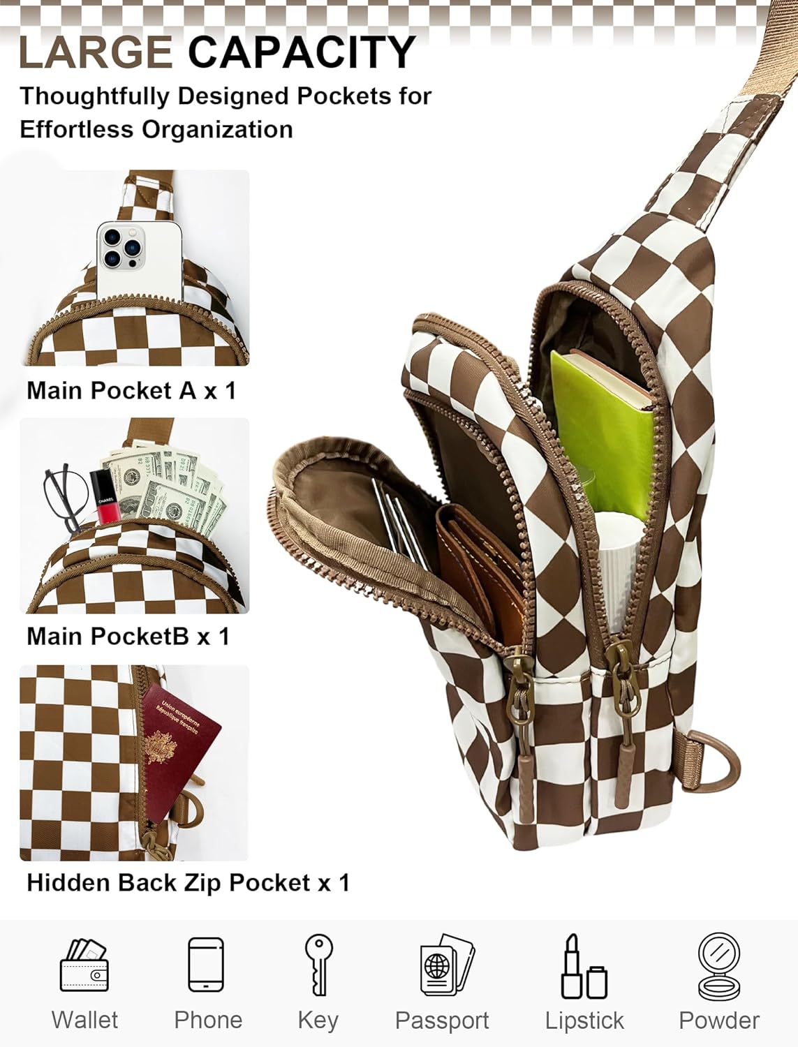 Checkered Sling Bag for Women, Small Checkered Crossbody Chest Bag with Shoulder Strap Fanny Pack Purse, Travel - Image 4