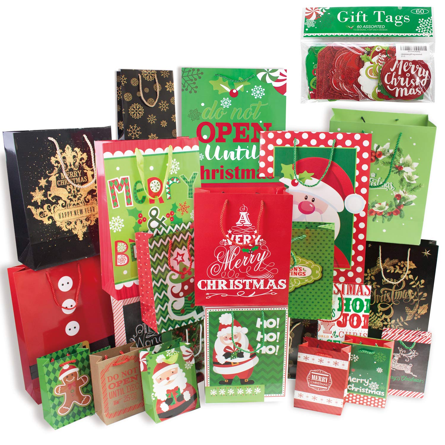 24 Christmas Gift Bags Assorted sizes with 60-Count Christmas Gift Tags(Bulk Set,6 XL,6 Large,6 Medium,6 Small)
