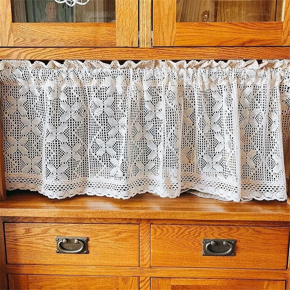 Zasłona typu lambrekin, ręcznie robiona, szydełkowana, romantyczna, boho, kawiarniana, bawełniana, lniana, kuchenna, elegancka dekoracja okna, 1 sztuka,Krótkie zasłony(W x H 150 x 90 cm)