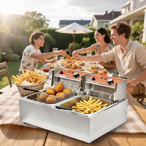 Miniatura 2 de Freidora comercial con cesta, capacidad de 6 a 12 litros, temperatura ajustable y temporizador, acero inoxidable con tapa, adecuada para el