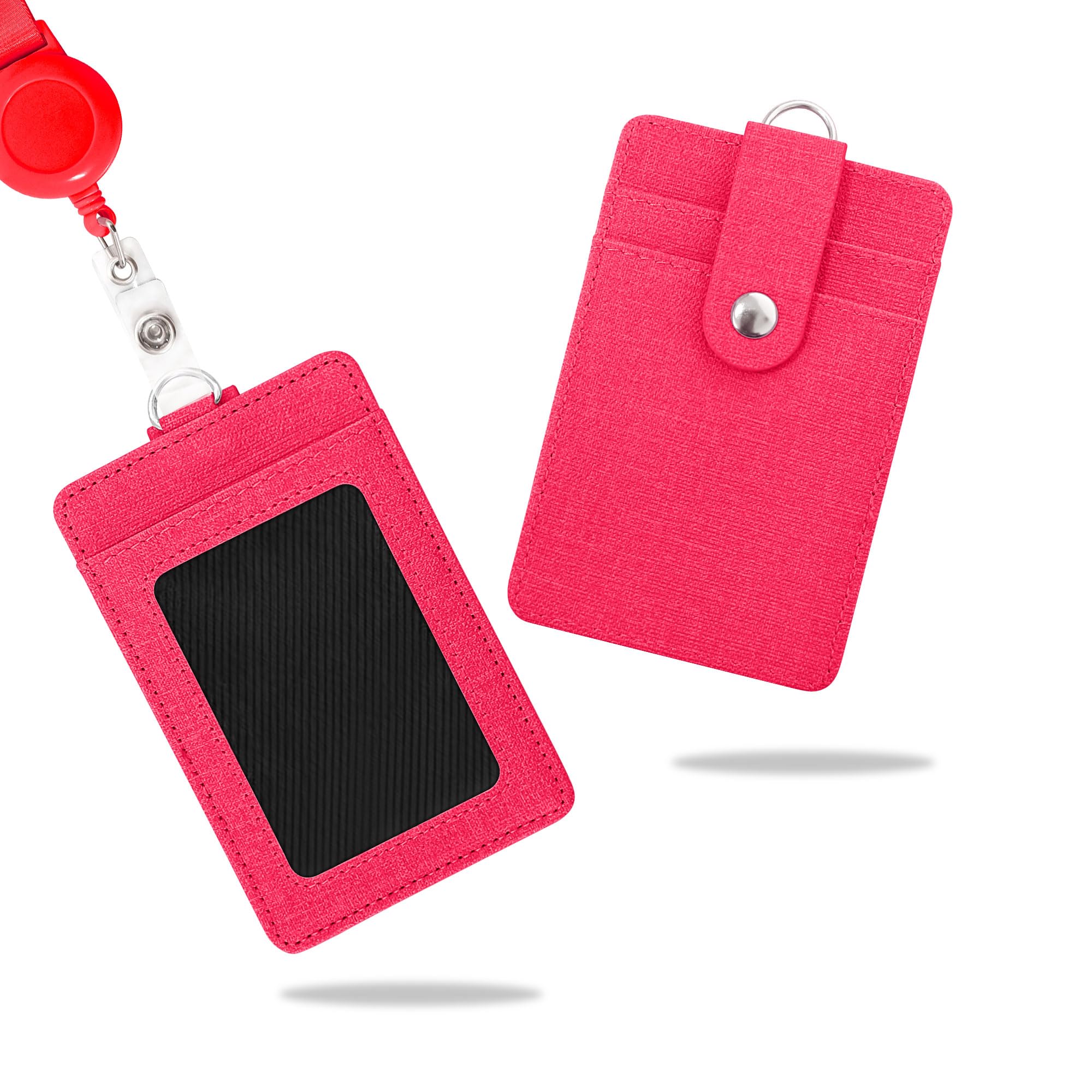 Wocoxo ID Badge Holder with Retractable Lanyard, Vertical PU Leather ID Badge Card Holder with 2 Card Slots (Red)