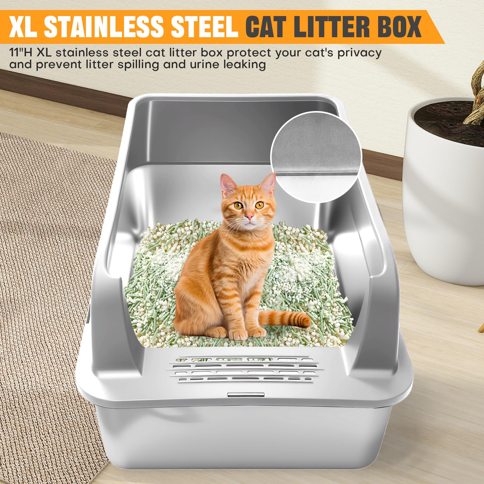 Homegroove 2er Set Edelstahl Katzenklo, 58 x 38 x 28 cm XL Metall Toilette für große Katzen mit Deckel & hohem Rand, inkl. Schaufel, leicht zu reinigen (Hellgrau)