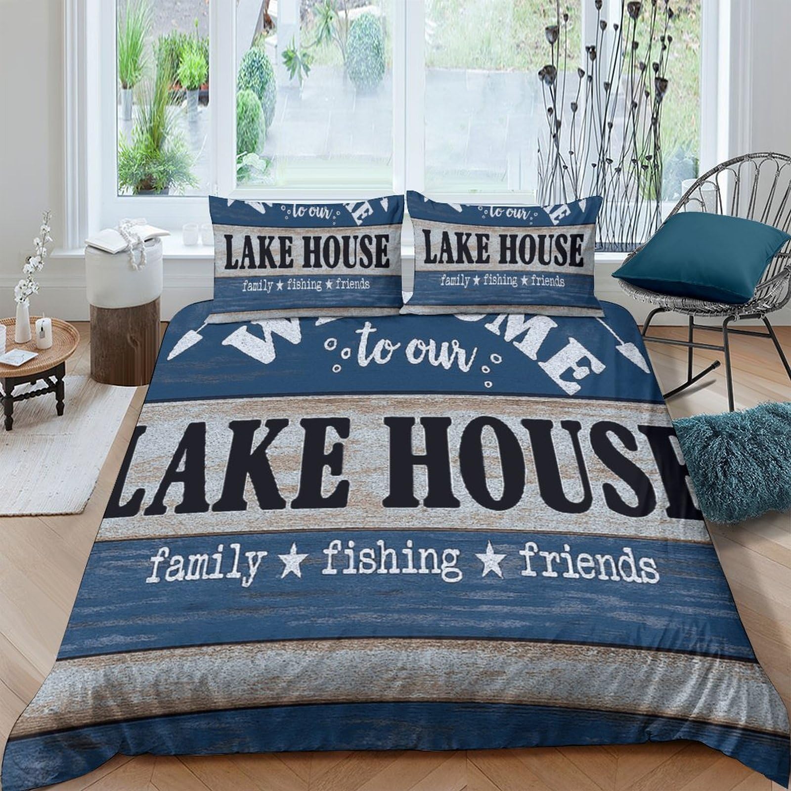 GPLZQXKJNH 3D Printed Lake House Duvet Cover Microfiber Soft Blue Rustic Family Fishing Bedding Set with 2 Pillowcases for Bedroom Home Decor 110 Single（135x200cm）