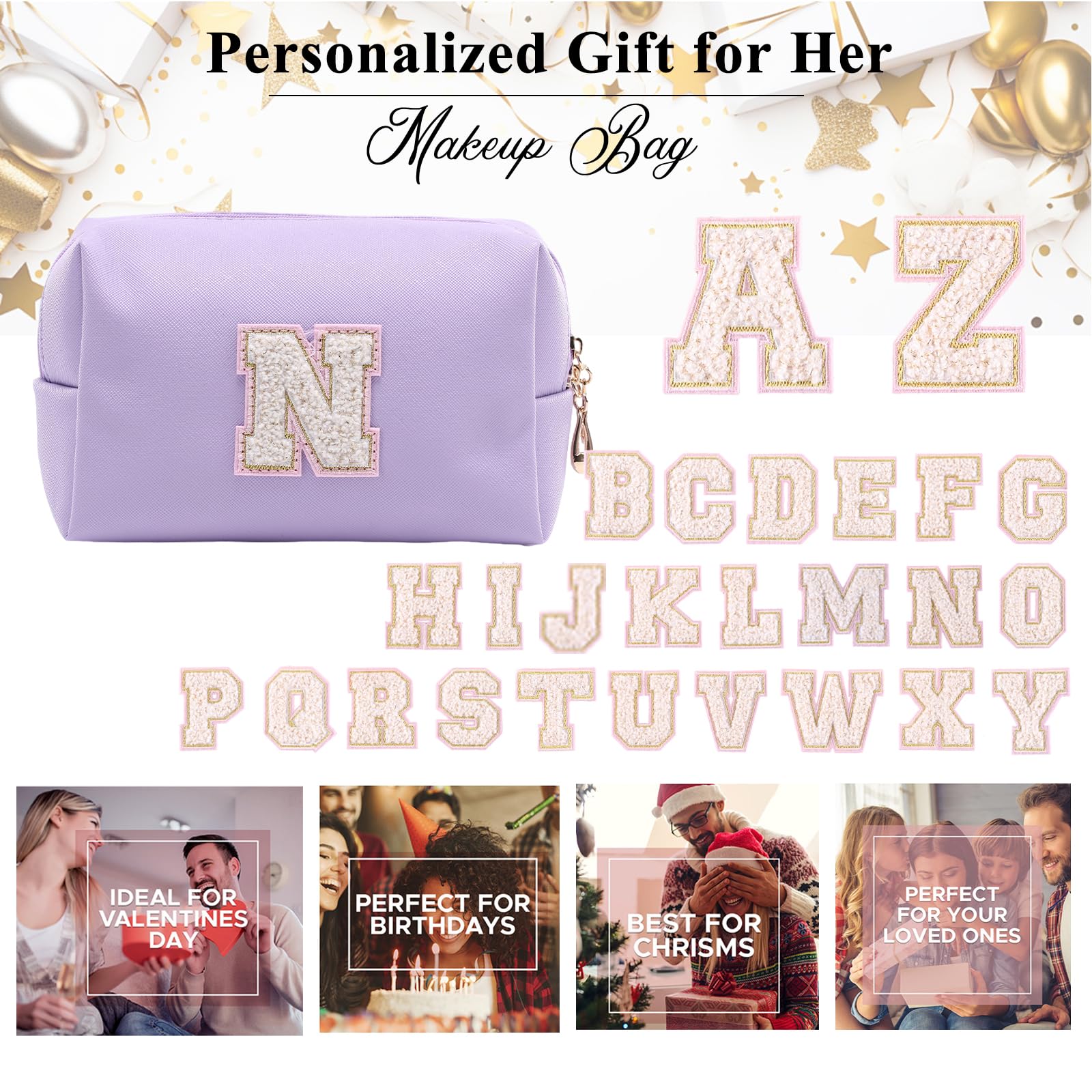 Personalized Makeup Bag,Waterproof Travel Makeup Pouch Cosmetic Bag Birthday Gift for Women Mom，Bride Bridesmaid Cosmetic Bag A-Z — view 5