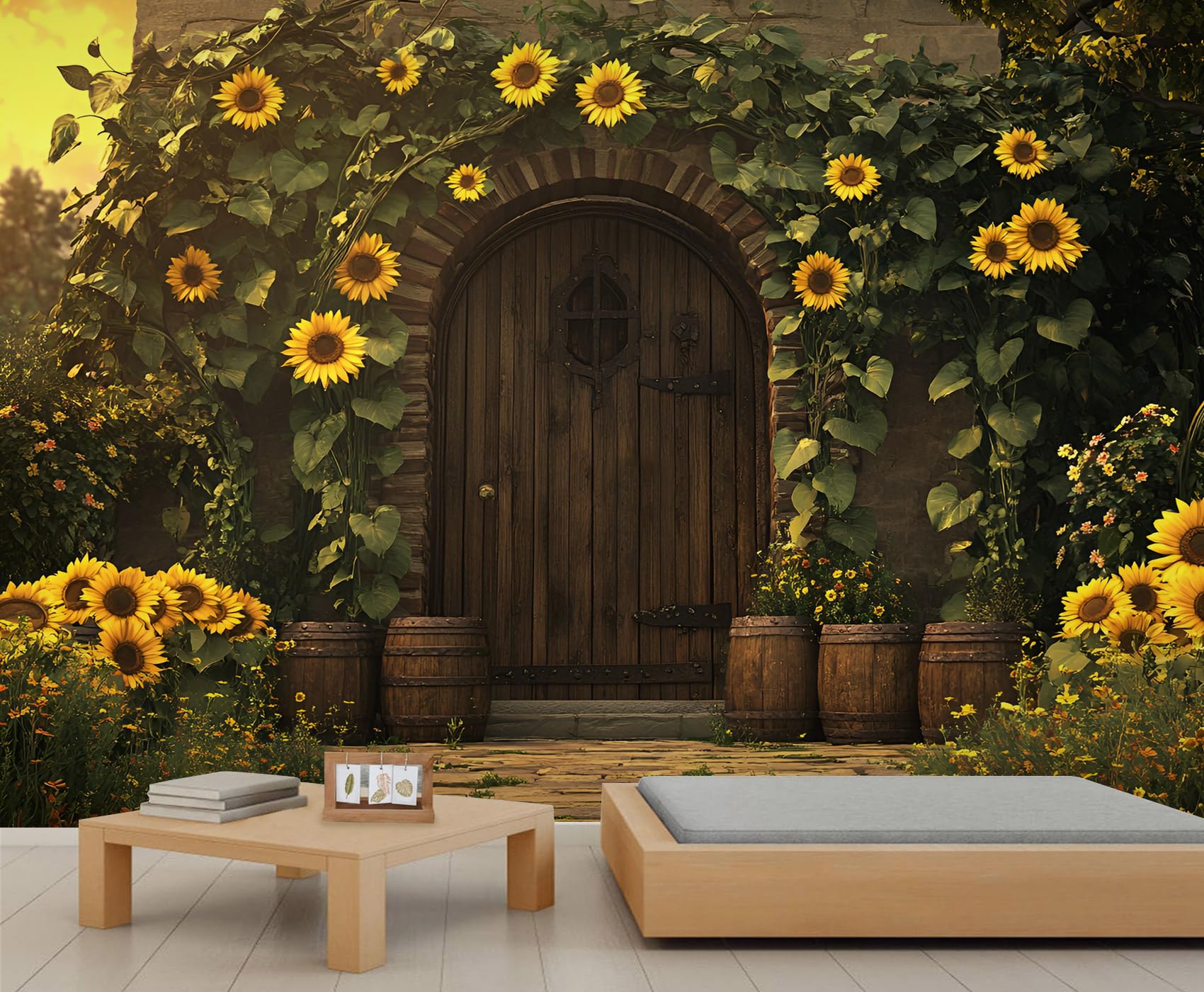 Papier peint mural bois rustique tournesol pour deco cafe