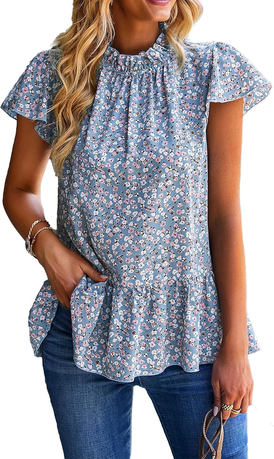 Generic Women Mock Neck Flowy Boho Shirts Floral Ruffle Chiffon Short Sleeve Tshirts Casual Dressy Print Comfy Blouses Tops
