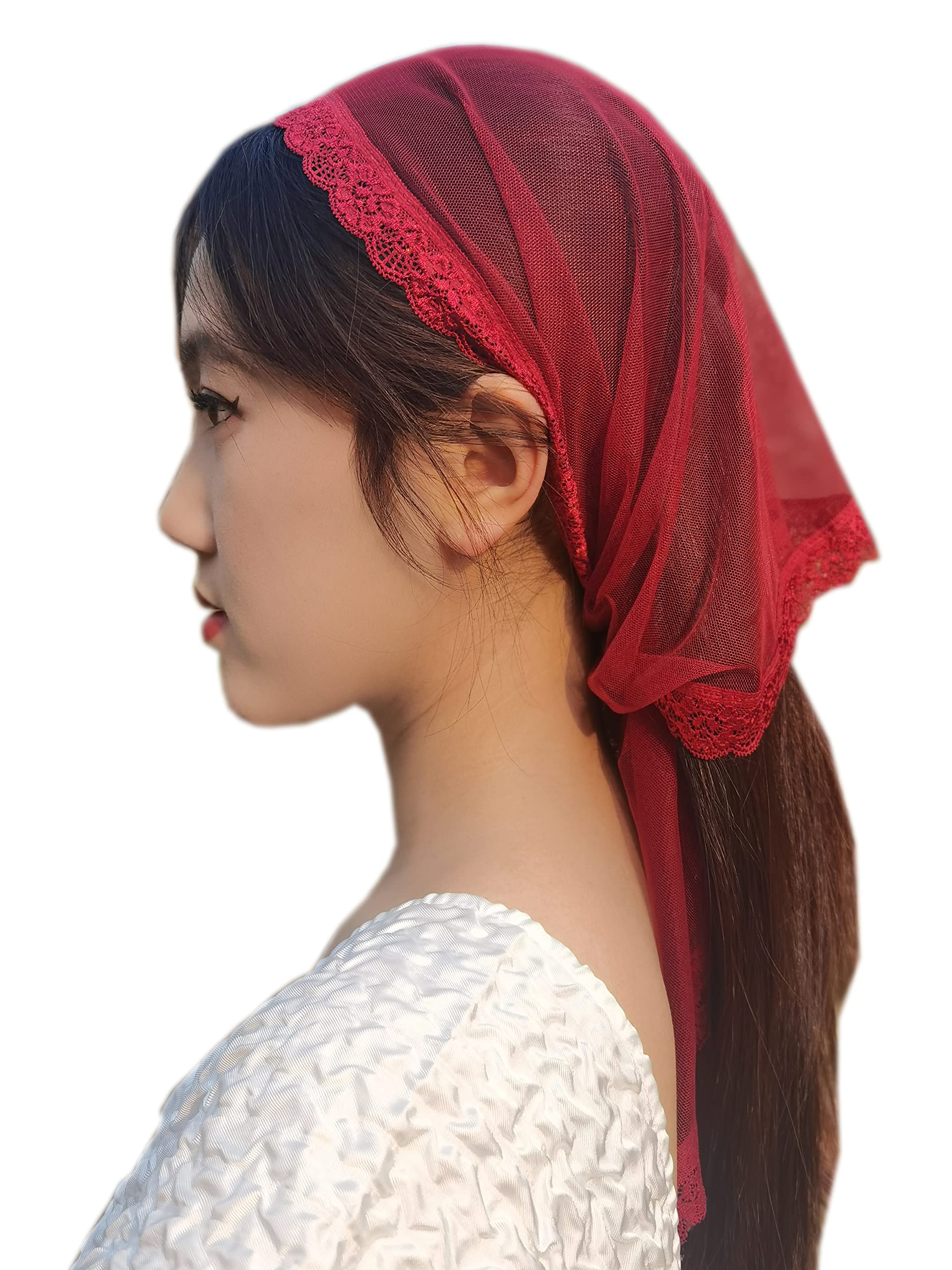 YuRongsxt Triangle Chapel Veil Mantilla Lace Headcovering Catholic Latin Mass M15, Burgundy, Large