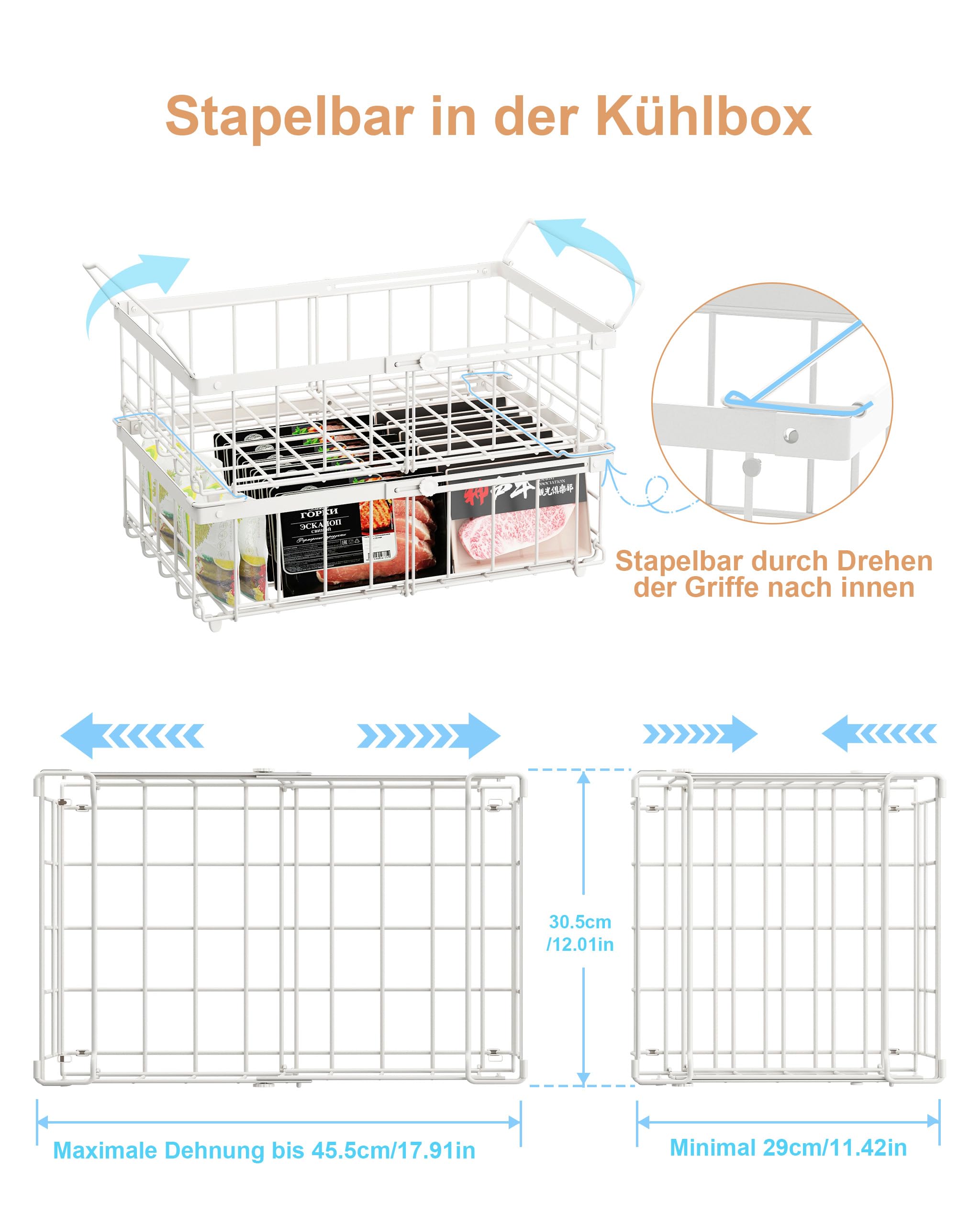 UMDONX 2er Gefriertruhe Körbe Weiß - Griff Stapelbar GefrierköRbe für 283 bis 566L TiefküHltruhe,Gefrorene Zutaten organisieren, Ausziehbare Länge(29-45x30x15cm)