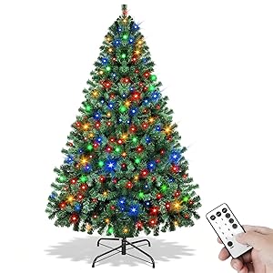 Prelit Christmas Tree 6ft with Remote Control, 8 Light-Modes Artificial Christmas Trees with Lights, Xmas Tree with 1000 Thick Branch Tips & 250 Lights, Easy Assembly Holiday Dcor for Home