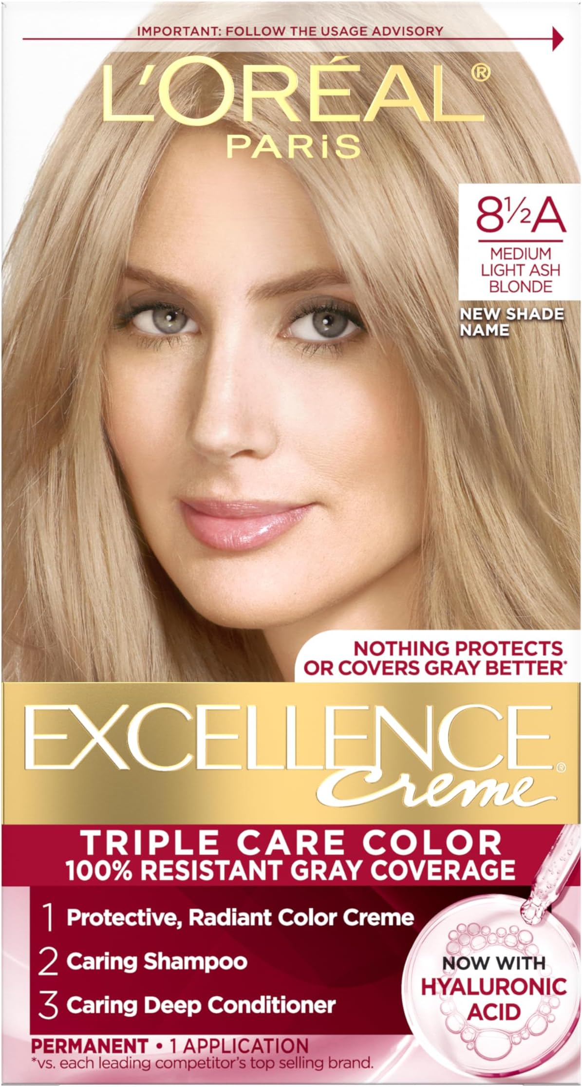 Excellence Crème Permanent Hair Dye, Triple Care Hair Color with Hyaluronic Acid for 100% Gray Coverage, 8.5A Medium Light Ash Blonde, 1 Kit (Packaging May Vary)