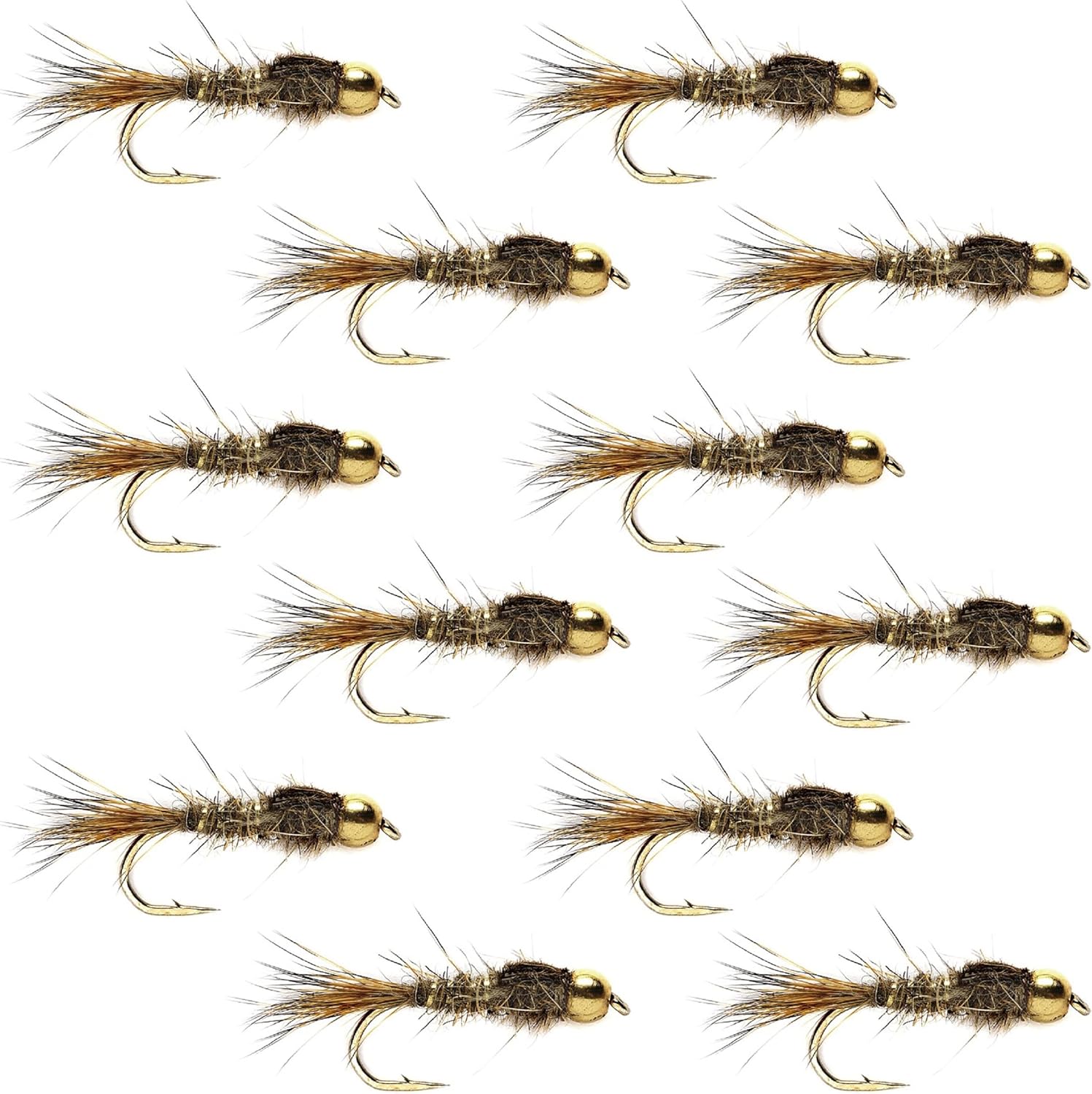 The Fly Fishing Place Bead Head Gold Ribbed Hare's Ear Nymph Fly Fishing Flies - Set of 12 Flies Hook Size 16 - One Dozen