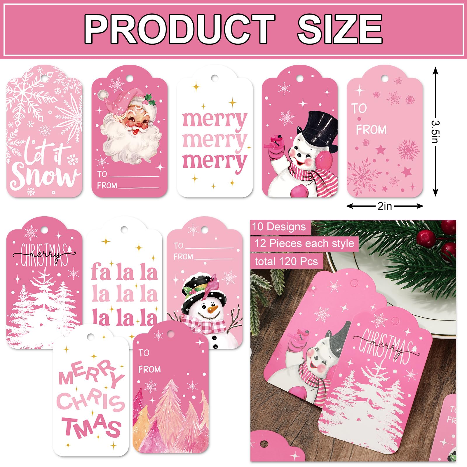 Whaline Weihnachtspapier-Geschenkanhänger, Rosa, Weihnachtsmann, Schneemann, mit Baumwollseil, für Winterurlaub, Namen, Geschenk, Basteln, 10 Designs, 120 Stück
