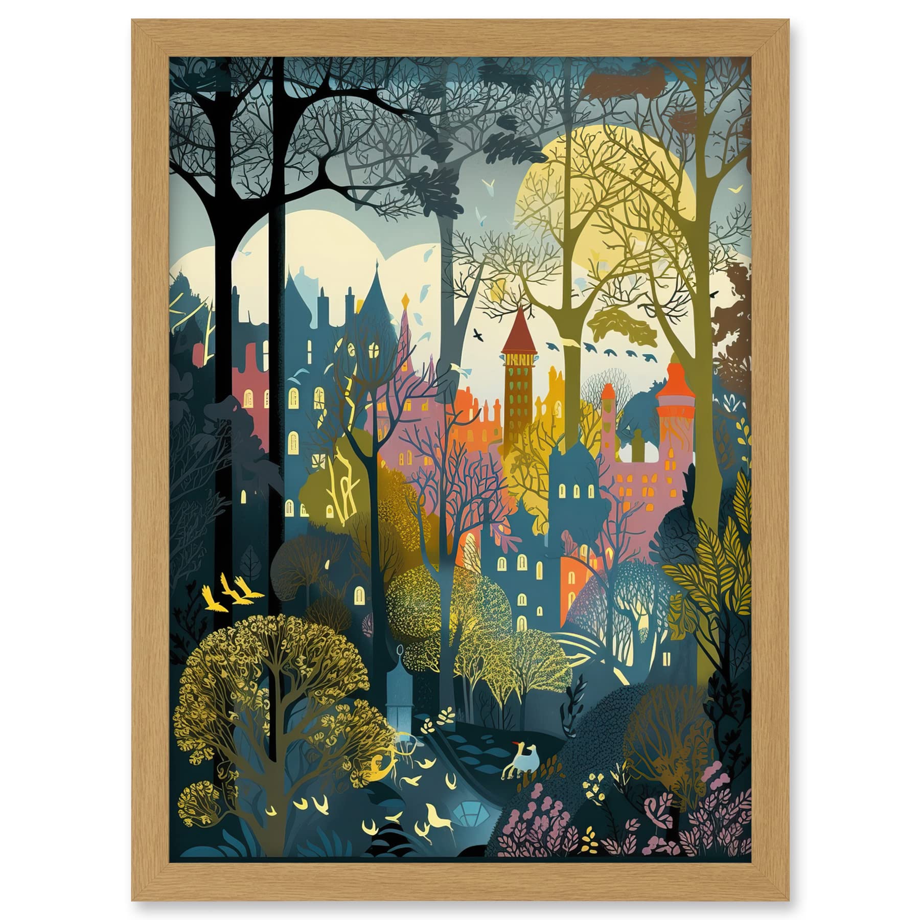 Artery8 Village Through Sherwood Forest Tree Landscape Artwork Framed A3 Wall Art Print