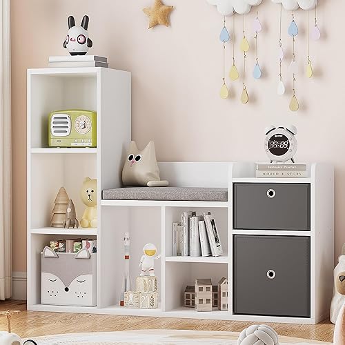 IDEALHOUSE Kids Bookshelf 44.1in Width Toy Storage Organizer with Reading Nook White Bookcase Seat Cushion Wooden 6-Cubby Storage Bench 2 Drawers Toddler Cabinet Shelf for Kids Room, Playroom, Nursery