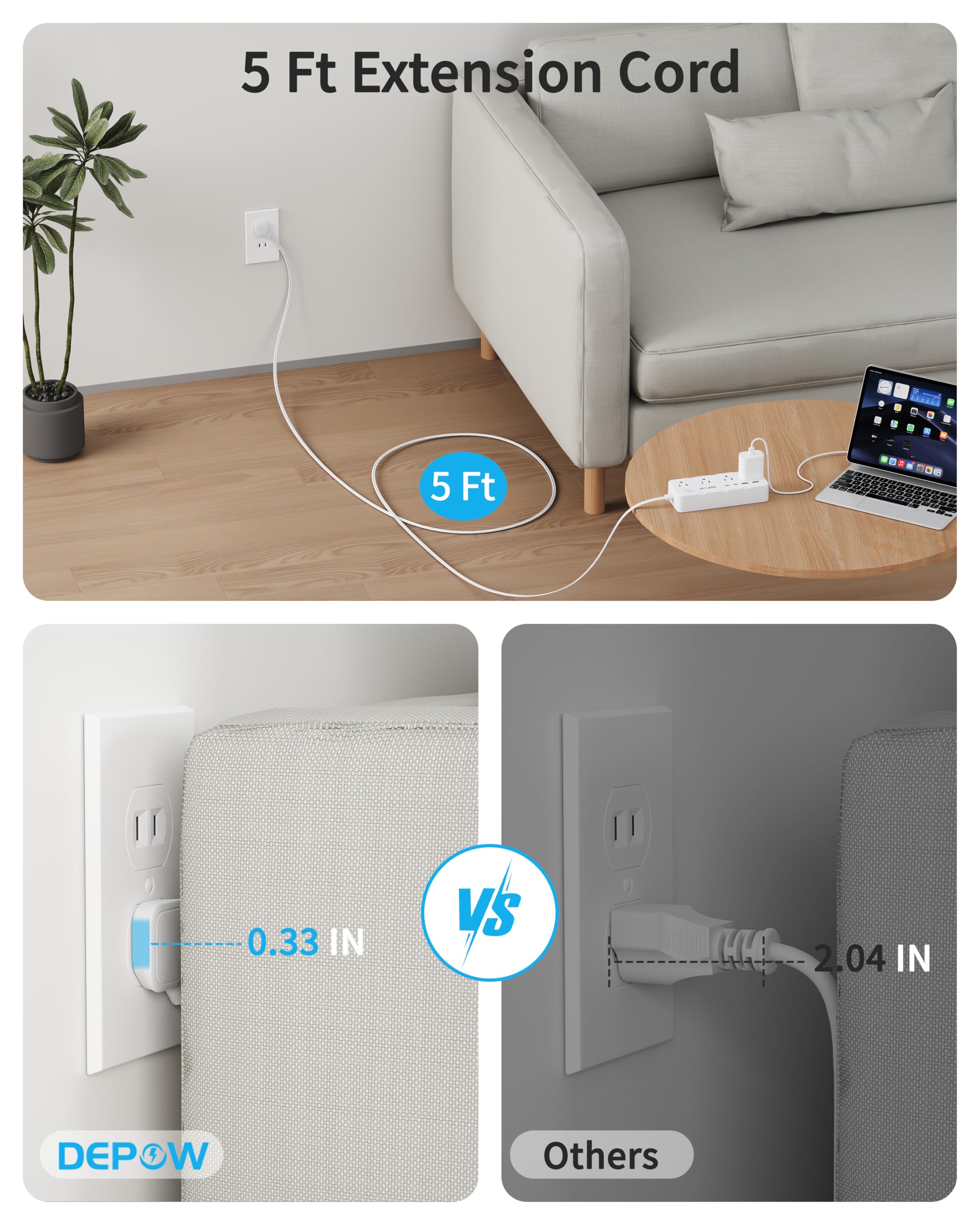 DEPOW - 2-pinowa listwa zasilająca, przedłużacz 5 stóp z wieloma gniazdami, 8 wyjść AC, 4 porty USB (2 USB C), stacja ładująca z wtyczką flagową, ochrona