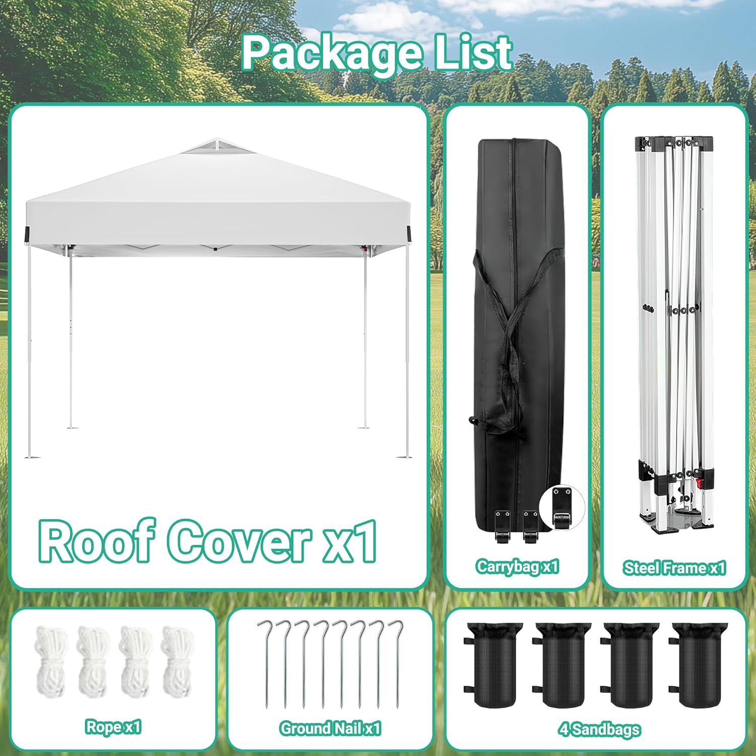 10 x 10FT White Pop Up Canopy Tent with Wheeled Carry Bag, Sandbags, Easy Setup Outdoor Portable Gazebos Shelter Sun Shade for Events, Party, BBQ, Backyard, Adjustable Height Canopy