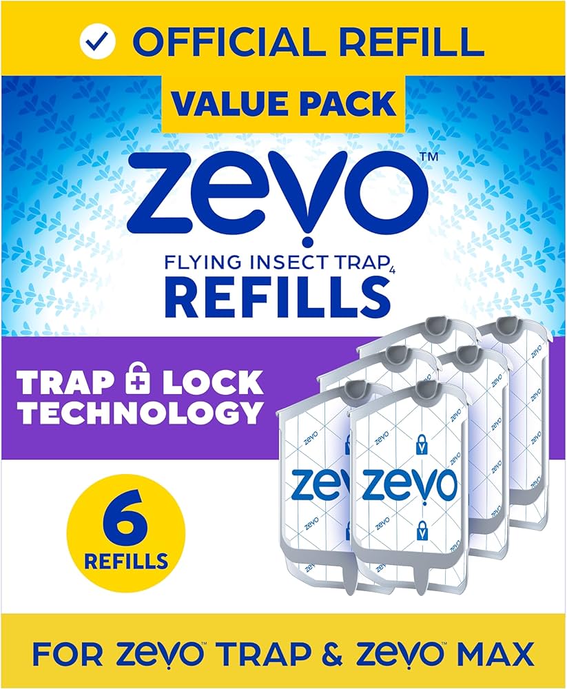Zevo Flying Insect Trap Official Refill Cartridges - Fits Both Zevo Trap & MAX Indoor Fly Trap - Authentic Trap+Lock Technology to Catch Gnats, House & Fruit Flys (6 Official Refill Cartridges)