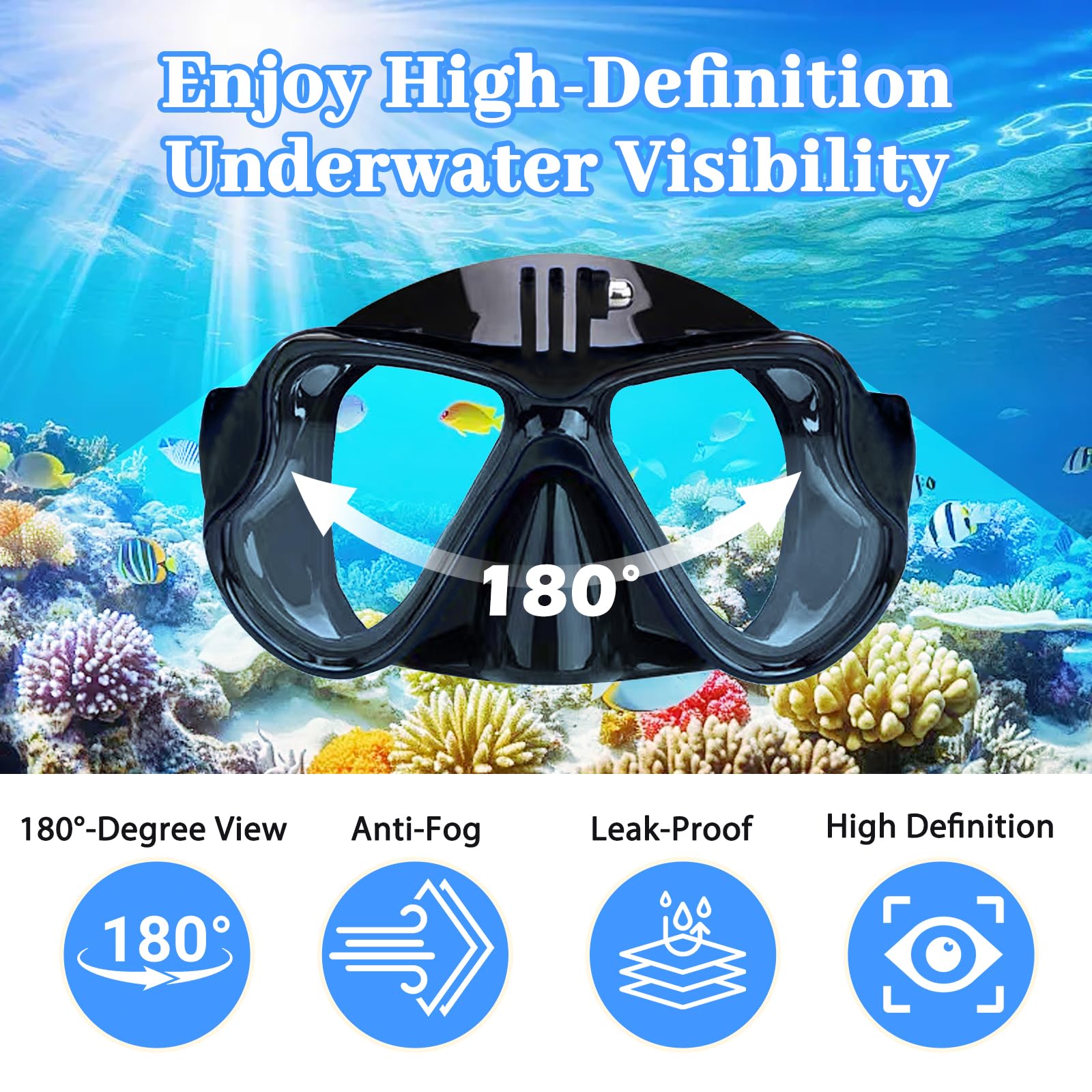 Maschera Snorkeling Subacquea Adulti con Supporto Fotocamera, Panoramica 180° Anti-Appannamento Vetro Temperato