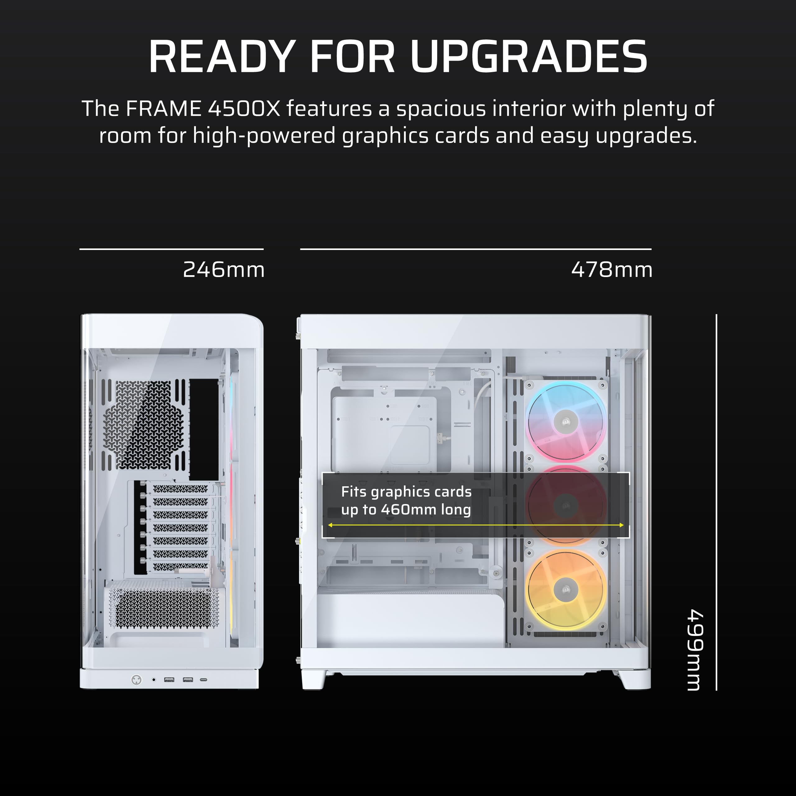 CORSAIR FRAME 4500X LX-R RGB LINK Panoramiczna szklana obudowa PC Mid-Tower - system montażu InfiniRail, pasuje do podwójnych grzejników 360 mm, GPU Anti-Sag, 3 x wentylatory LX120R RGB LINK w