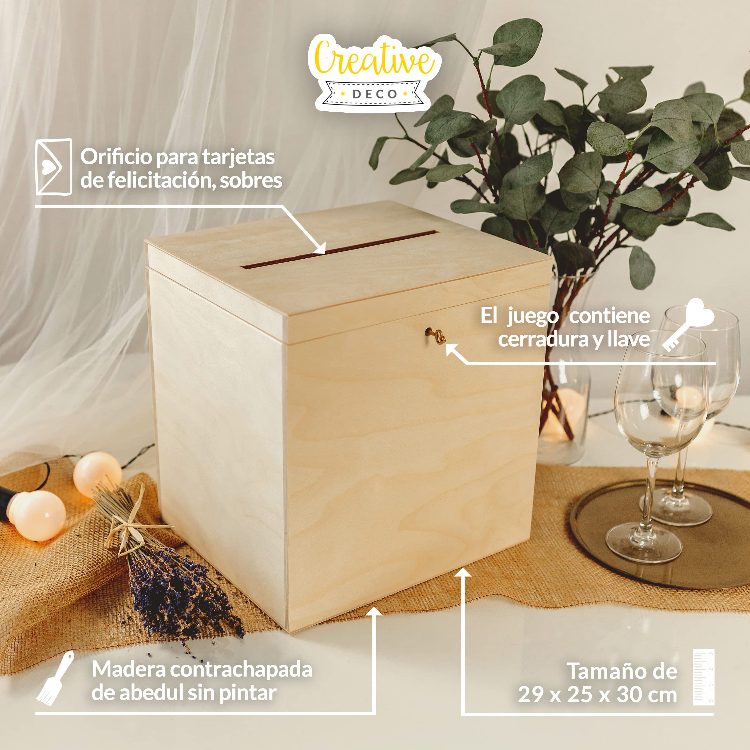 Creative DECO Tarjetas de Boda Caja Madera | Cerradura y Llave | 29 x 25 x 30 cm | Cofre para Decorar con Tapa | Decoración Almacenaje Herramientas Decoupage | Perfecta Objetos de Valor Juguetes