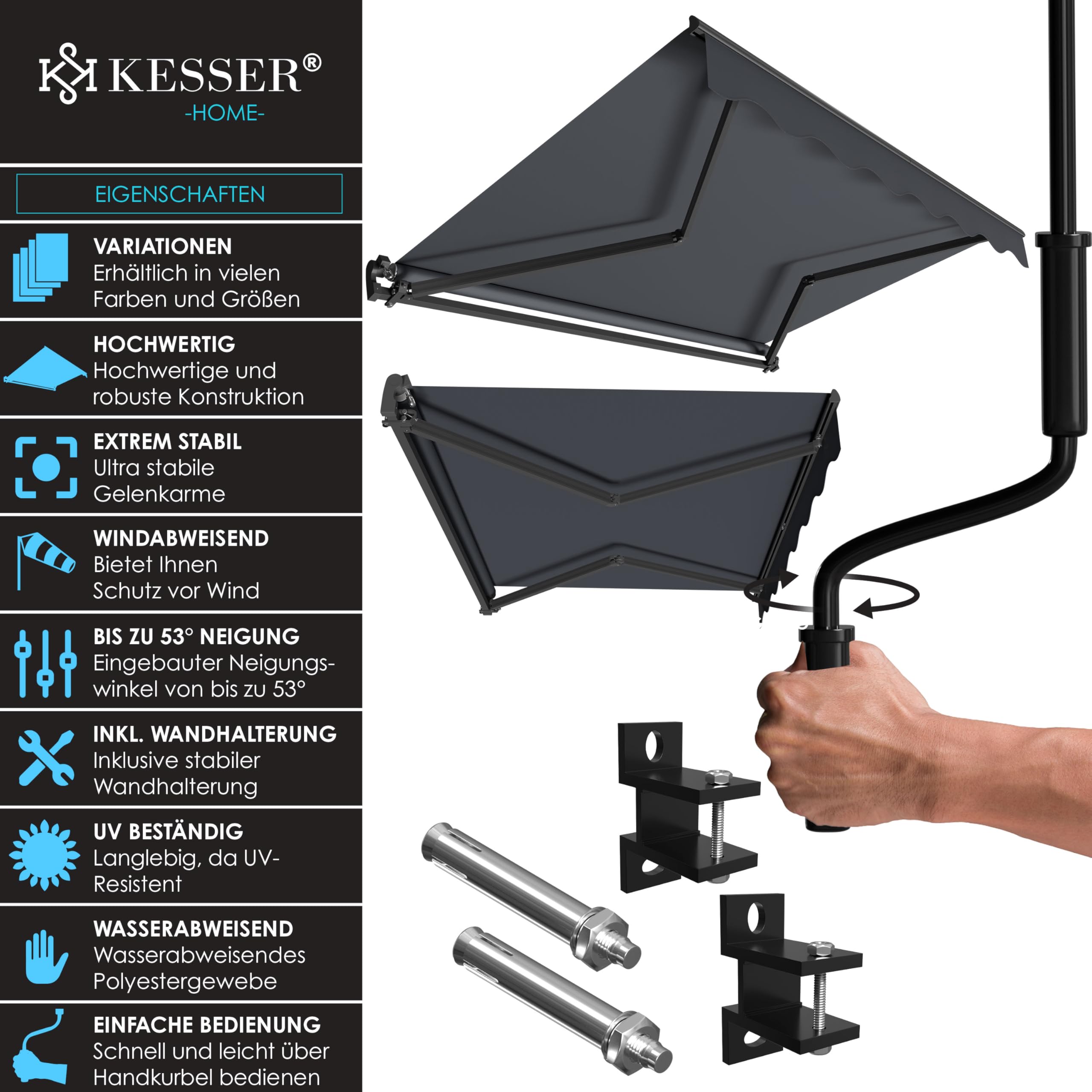 KESSER® Gelenkarmmarkise Vormontiert Markise Gelenkmarkise 300 x 250 cm Terrassenmarkise Sonnenmarkise inkl. Wandhalterung Sonnenschutz Balkonmarkise wasserabweisend Alu/Polyester Anthrazit