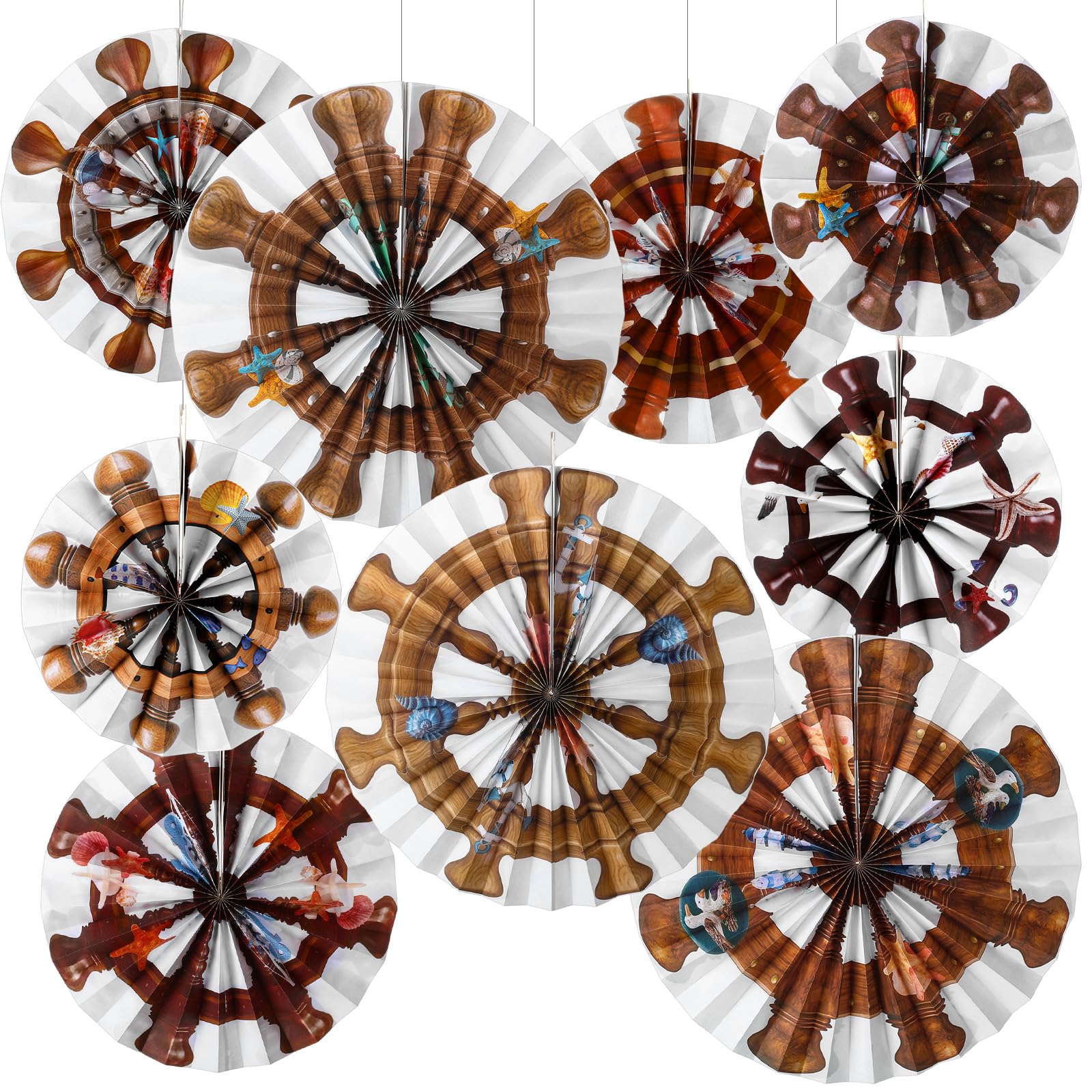 Outus 9 Pcs Nautical Party Decorations Ship Wheel Paper Fans Hanging Decor Coastal Ship Wheels Wall Ceiling Decoration for Sailor Theme Baby Shower Ocean Pirate Beach Cruise Birthday Party Supplies