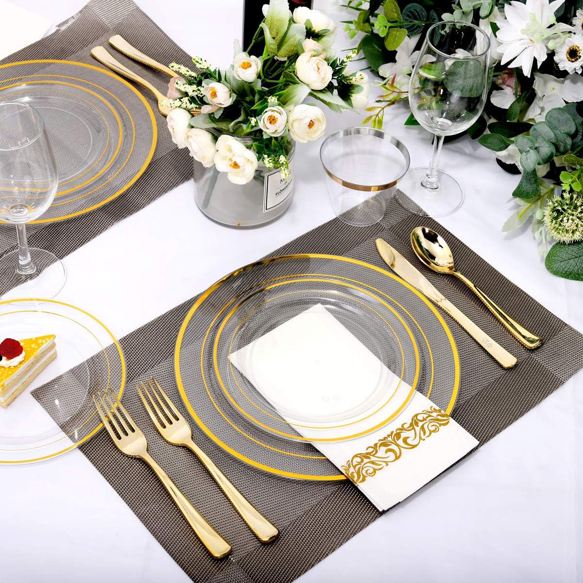 I00000 350 Pcs Clear Gold Plastic Plates, Gold plates Dinnerware Includes: 50 Dinner Plates，50 Salad Plates, 150 Gold Plastic Silverware set, 50Gold Disposable Cups,50 Linen Like Paper Napkins & Party