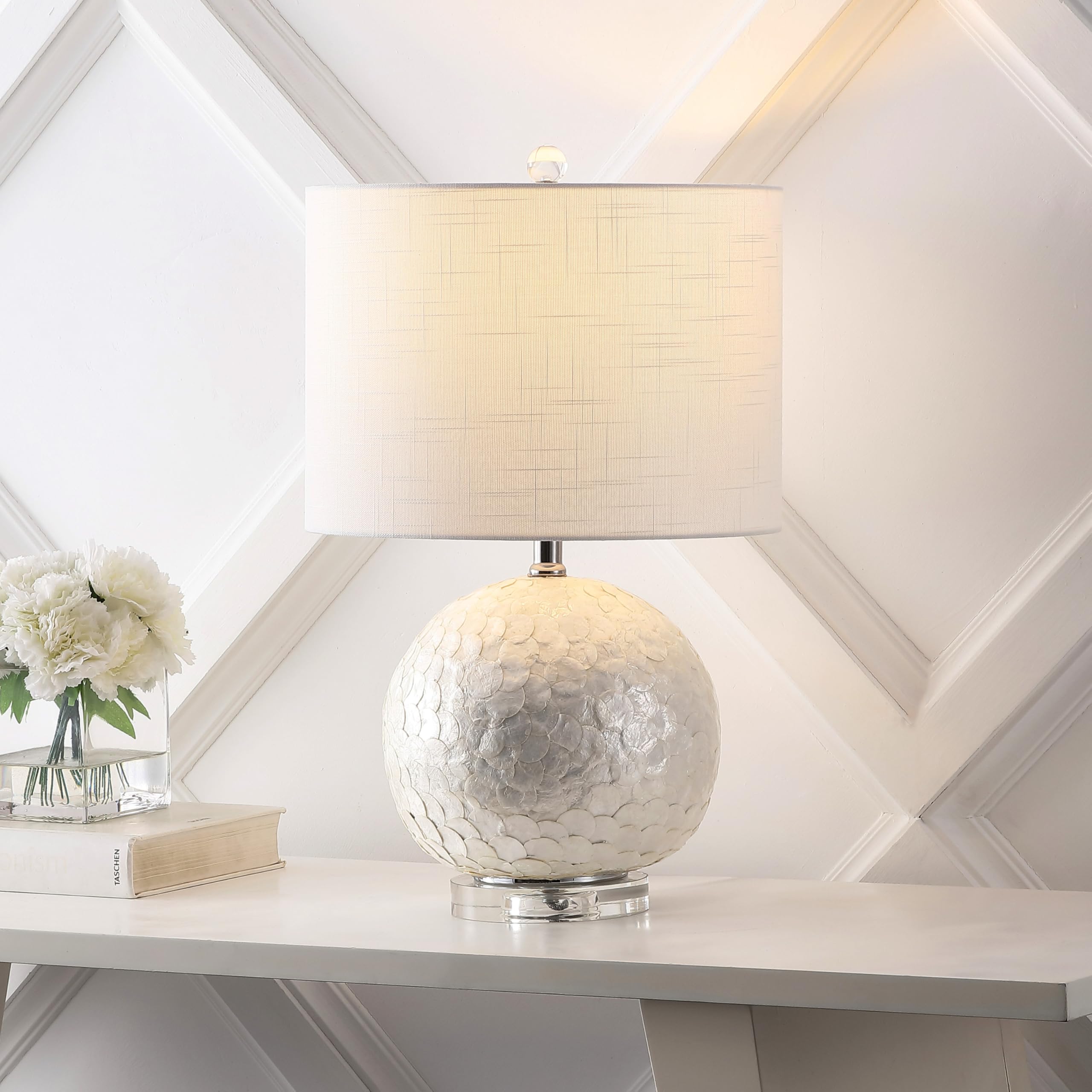 JONATHAN Y Zuri Table Lamp Capiz Seashell Sphere 23.5 Pearl White | Contemporary Transitional Style Linen Drum Shade Crystal Base Metal Chrome Accents Rotary Switch LED Bulb Included product thumbnail 4