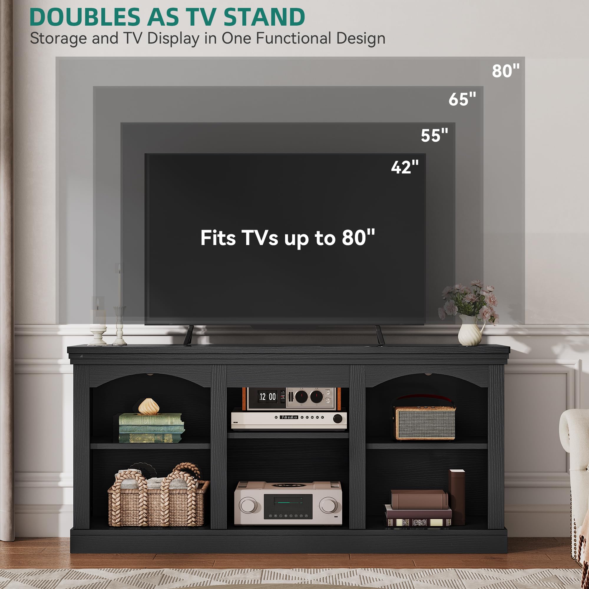 YITAHOME Farmhouse TV Stand with Cord Management for 75/80 Inch TV, Entertainment Center with Adjustable Shelf & Open Storage, 70" TV Console Table for Living Room (Black): Black 59"