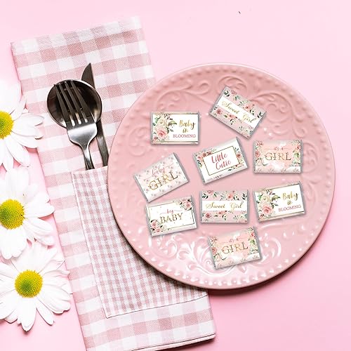 Miniatura 5 de Whaline Envoltura de dulces de flores para baby shower, mini calcomanías de barra de caramelo rosa para niña, envoltura de barra de chocolate floral