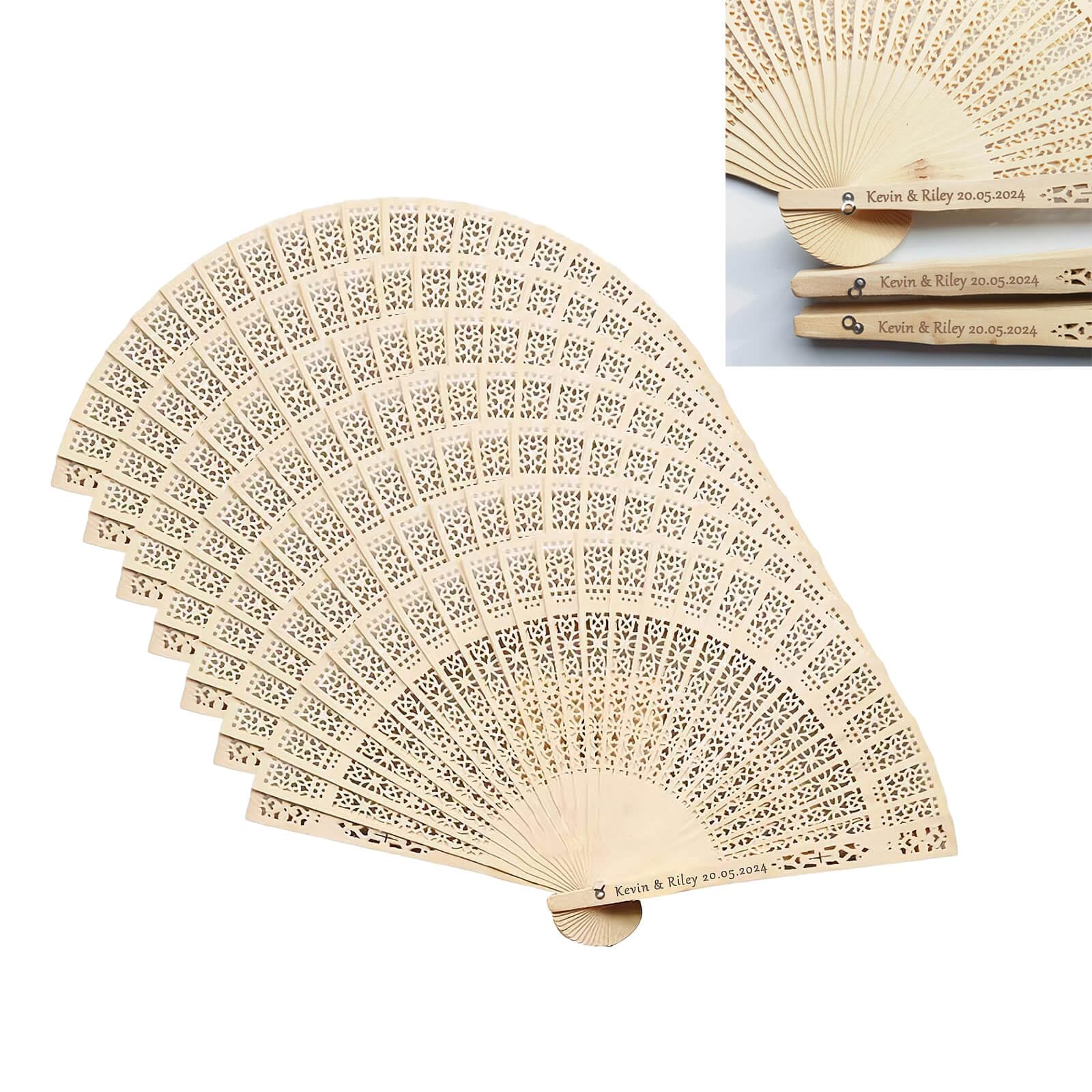 50 abanicos de mano plegables decorativos personalizados, abanicos de recuerdo de boda grabados personalizados para invitados, abanicos de madera personalizados para despedida de soltera, regalos de