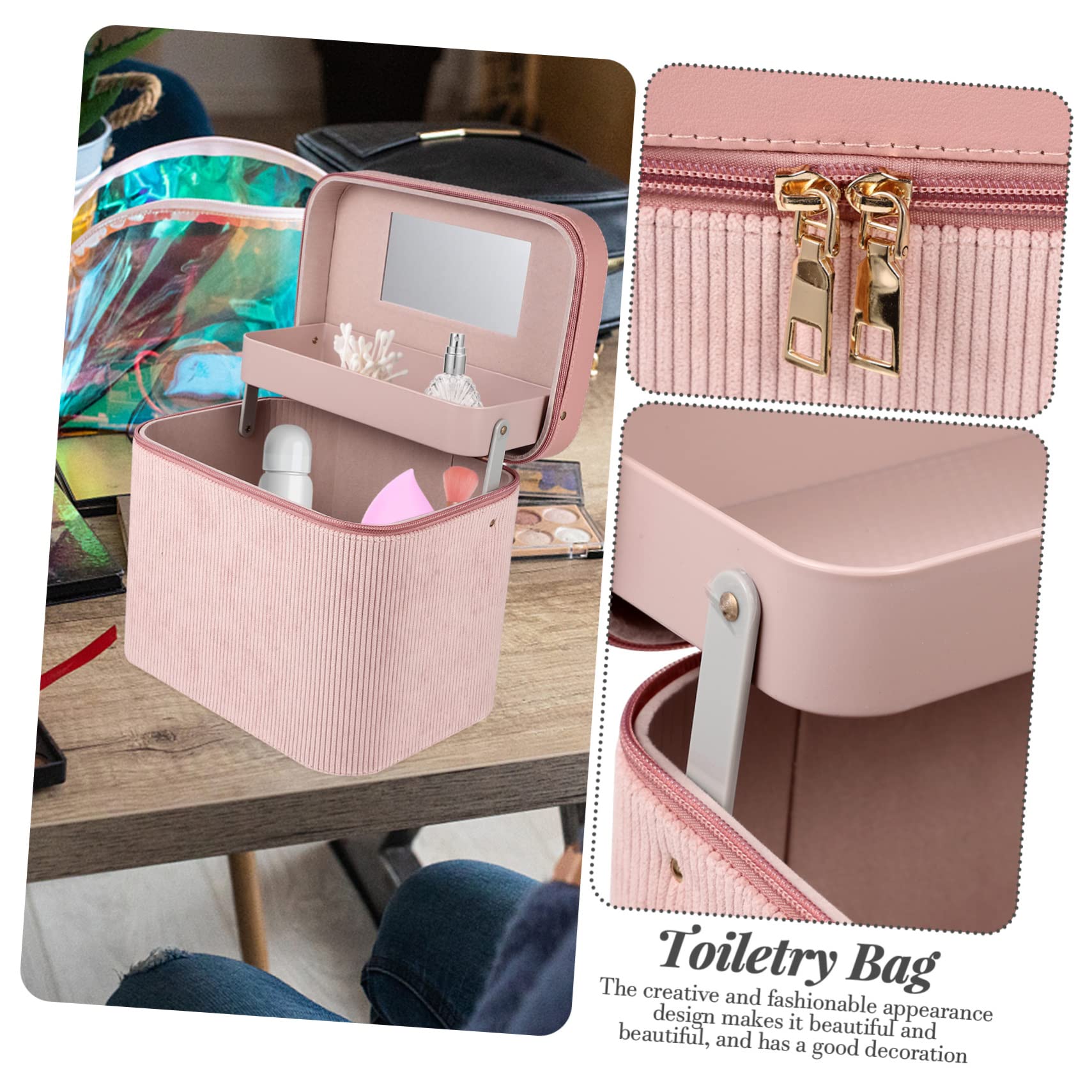 Mikinona Tragbarer Kulturbeutel Hartschale mit Spiegel Zweilagige Kosmetikaufbewahrungstasche aus Corduroy für Damen als Make Up Kasten und Reise Make Up Tasche