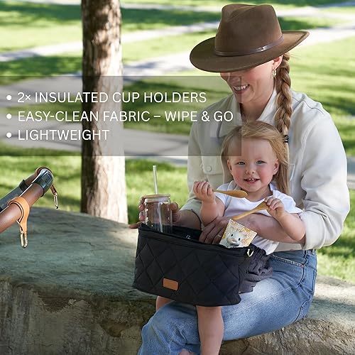 Miniatura 4 de Hermoso organizador de cochecito con 2 portavasos Bolsa de lujo para cochecito, ajuste universal, correas de cuero y bolsillo con cremallera