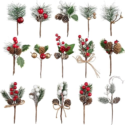 Crafare Paquete de 15 púas pequeñas de Navidad, varios tamaños, tallos de bayas rojas con piñas para Navidad, arreglo floral, decoración de