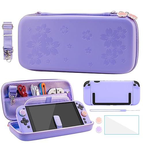 FANPL Case bundle for Nintendo Switch 2 Accessories, Carrying Cover for Switch 2 and JoyCon Controller with Hard Protective Skin and Screen protector, 4 Thumb Grips, Shoulder Strap (Sakura Purple) - Purple