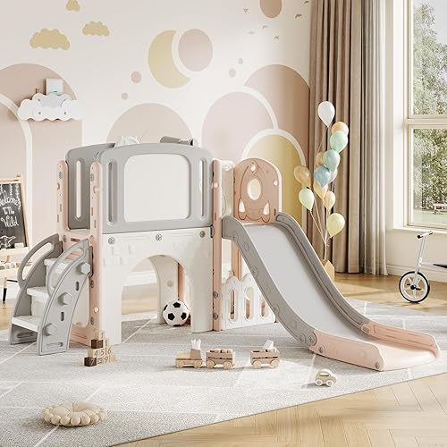 Garvee Juego de juegos 8 en 1 para niños pequeños para interiores y exteriores, incluye escalador, aro de baloncesto, telescopio, túnel y espacio de