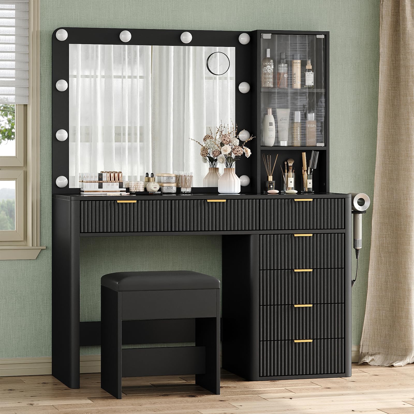 Yanosaku 47" Fluted Vanity Desk with Mirror & LED Lights, 7-Drawer Makeup Vanity with Glass Top & Cabinet, Vanity with Chair & Charging Station, 3 Lighting Modes, for Bedroom, Natural Oak: 7 Drawers Black