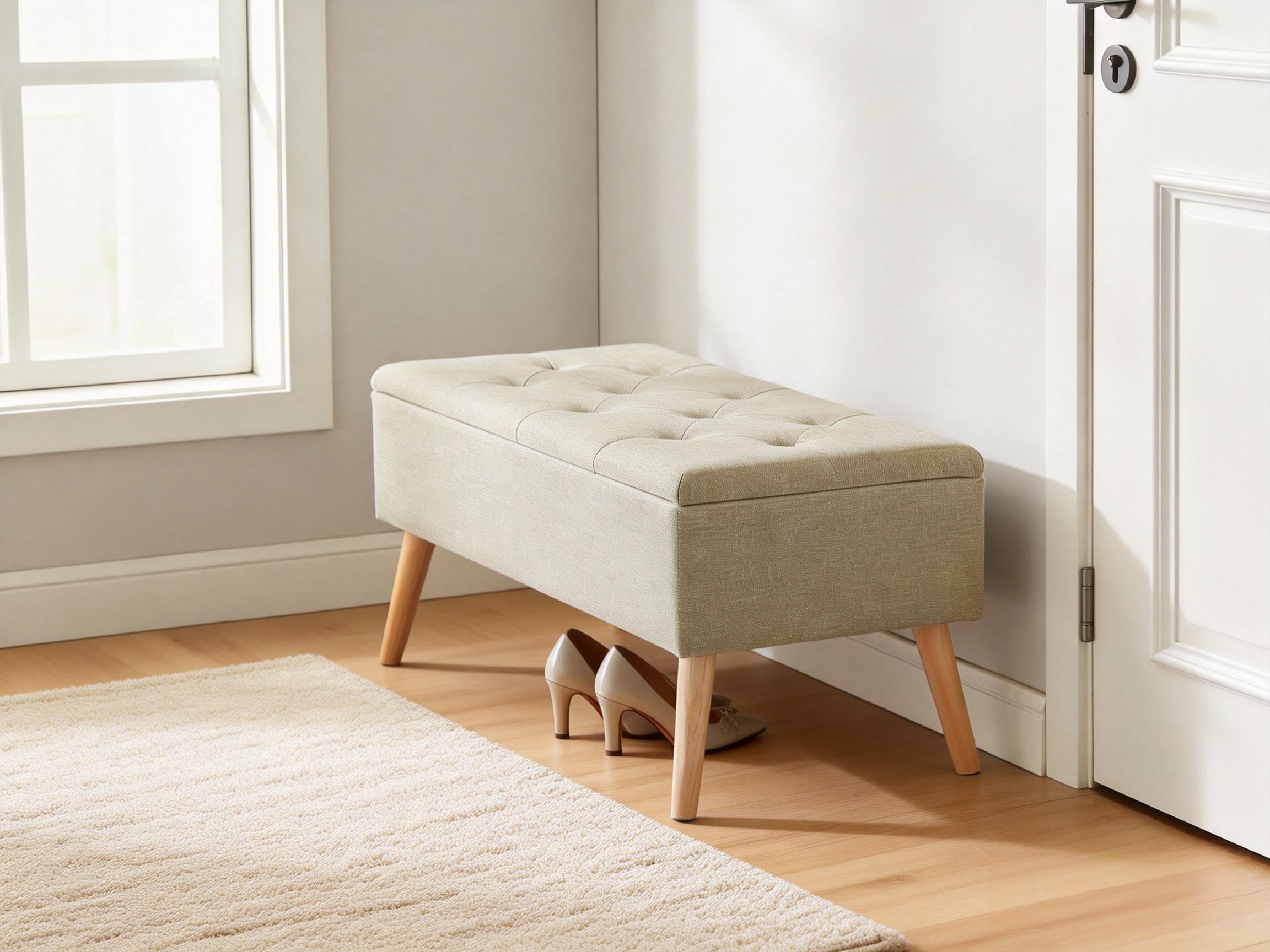 Zedelmaier Sitzbank mit Stauraum Sitztruhen Footstool Aufbewahrungsbox Stuhl Polstersitz aus Leinen Moderne Möbel (Beige Leinen)